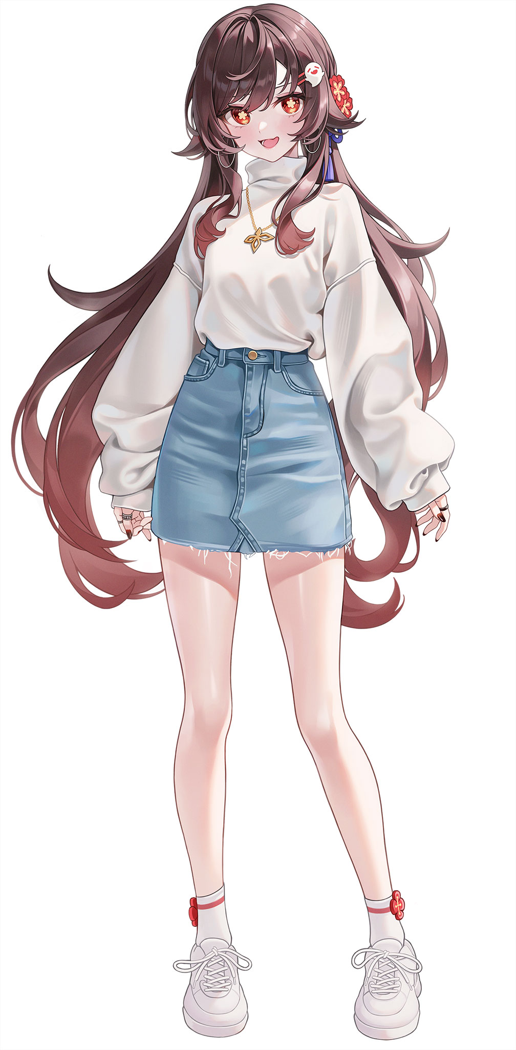 Anime 1008x2048 Pixiv anime anime girls Genshin Impact Hu Tao (Genshin Impact) shoes looking at viewer socks portrait display white socks long hair simple background smiling white background blushing minimalism standing necklace open mouth flower in hair hairpins rings short socks earring hoop earrings sneakers