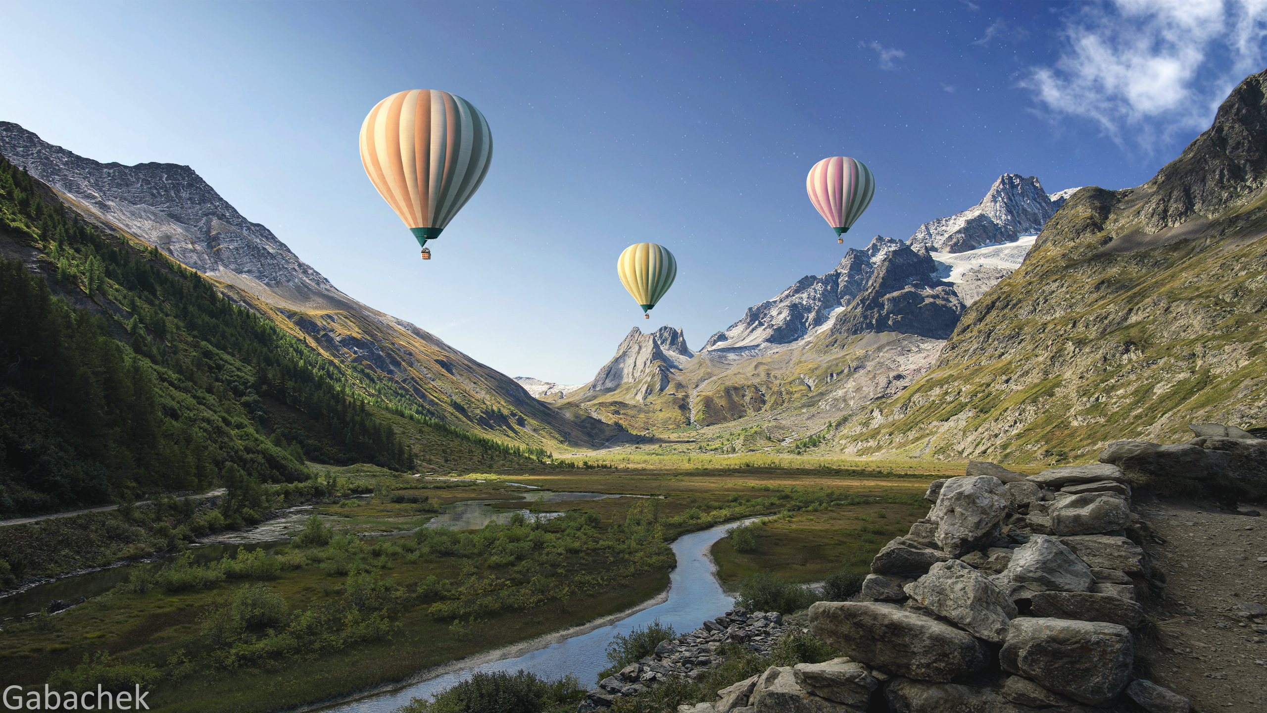 General 2560x1440 Gabachek hot air balloons mountains gorge landscape sky clouds stars river stones nature forest photo manipulation HDR CGI watermarked sun rays photoshopped water snow rocks sunlight