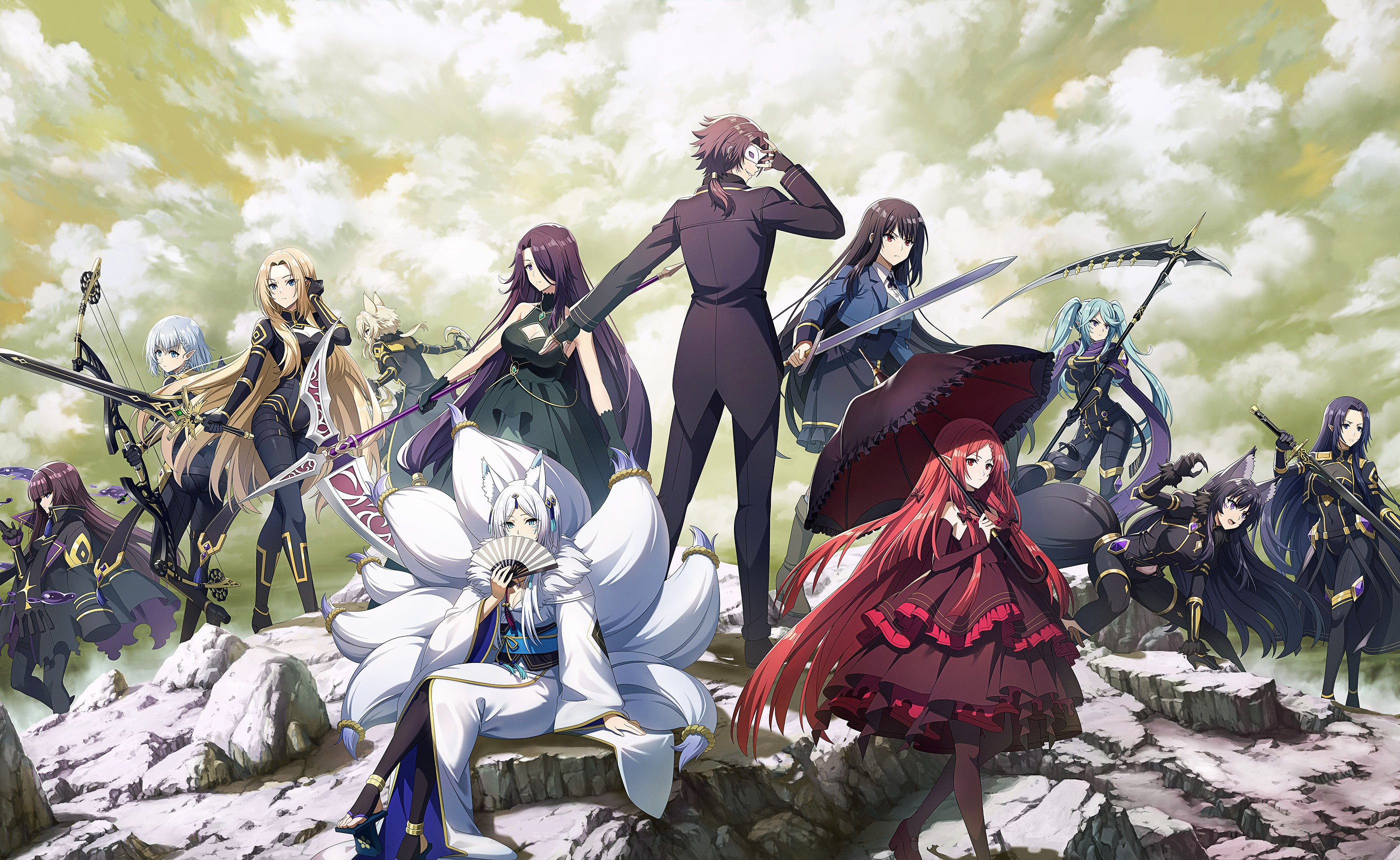Anime 2800x1720 The Eminence in Shadow Shadow Garden anime weapon umbrella anime girls anime boys looking at viewer hand fan lance scythe clouds frill dress dress sky long hair fox girl fox ears looking away fox tail bow rocks sitting hair over one eye twintails pointy ears mask