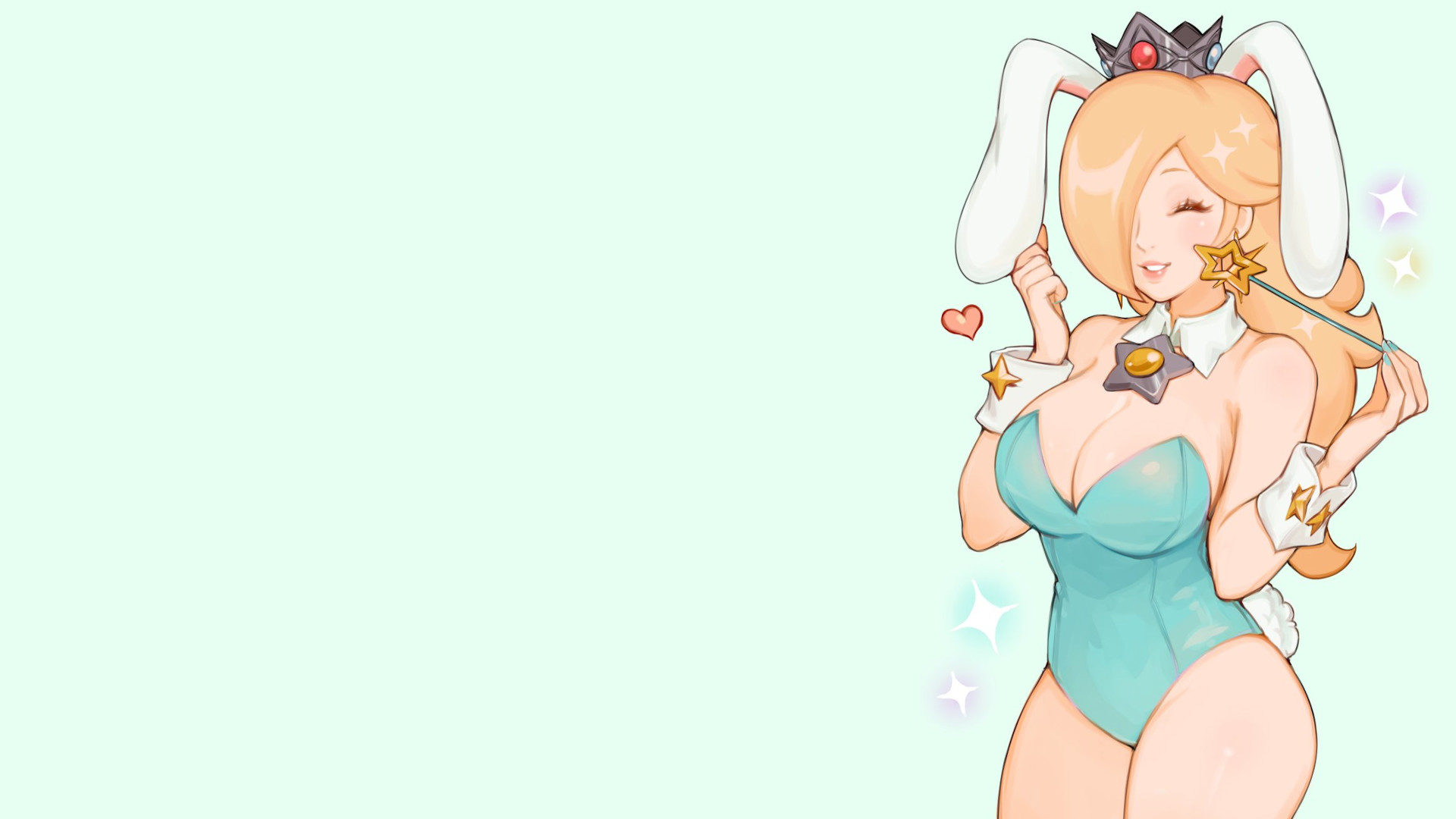Anime 1920x1080 big boobs Nintendo blonde long hair blue eyes earring simple background bangs blunt bangs leotard blue leotard sleeveless shirtless collar wands bunny girl bunny ears thighs thighs together stars video game girls bare shoulders crown cleavage Princess Rosalina sleeveless cuffs bunny suit video games heart (design) minimalism closed eyes hair over one eye smiling