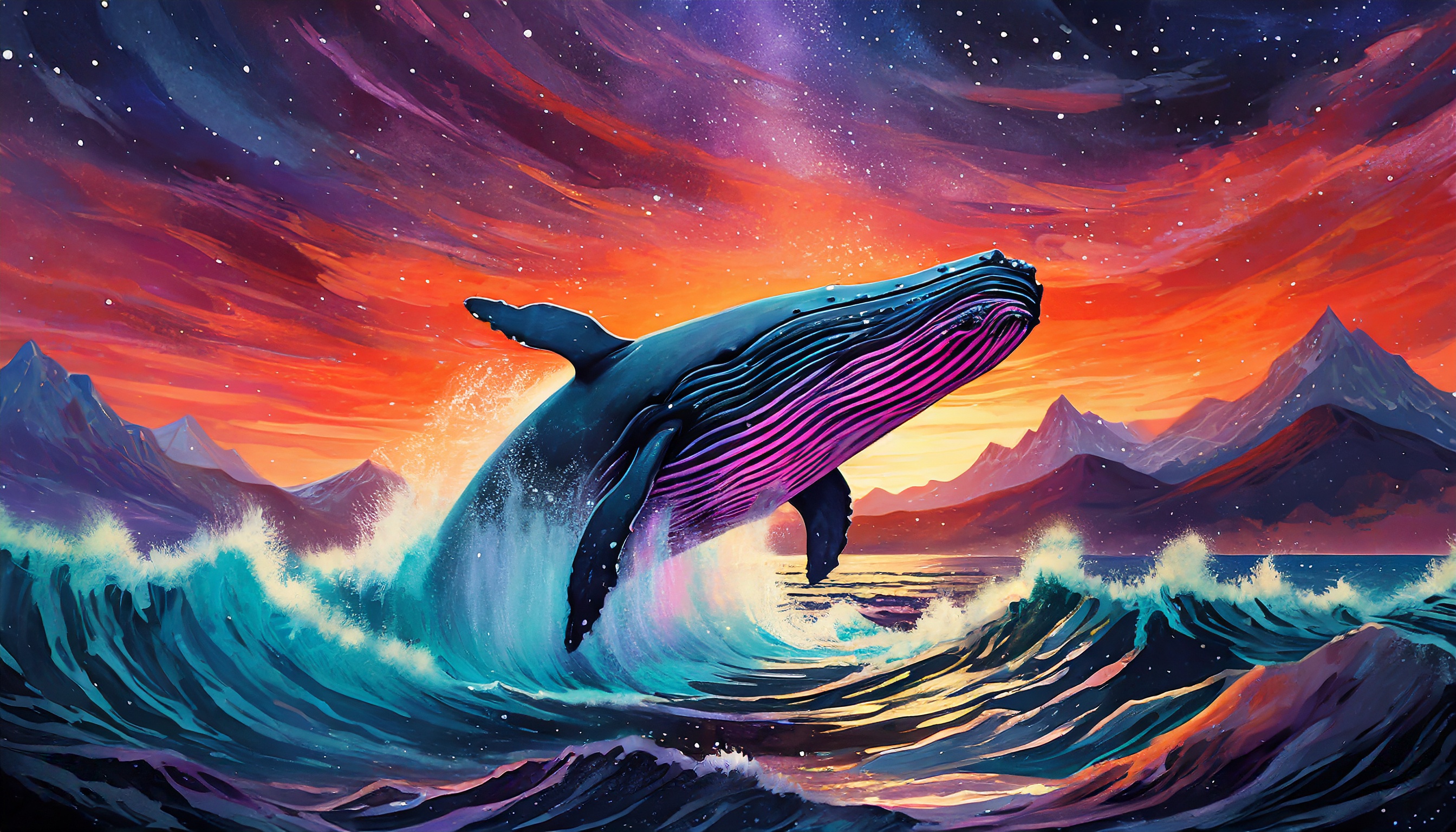 General 2688x1536 whale sea AI art digital art sunset sunrise mountains water sky stars waves sunlight animals