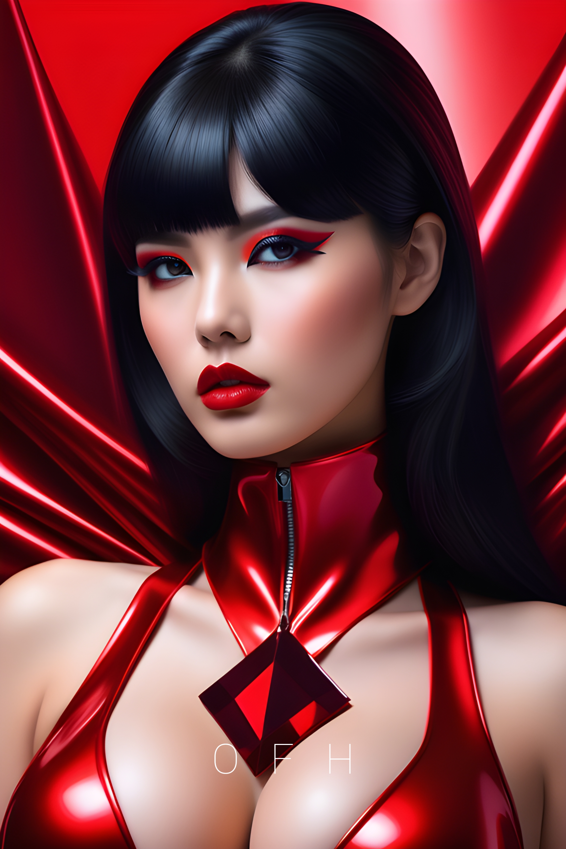 General 2176x3264 AI art OneFinalHug latex digital art red lipstick cosplay looking at viewer Asian women portrait display cleavage big boobs parted lips lipstick makeup eyeshadow