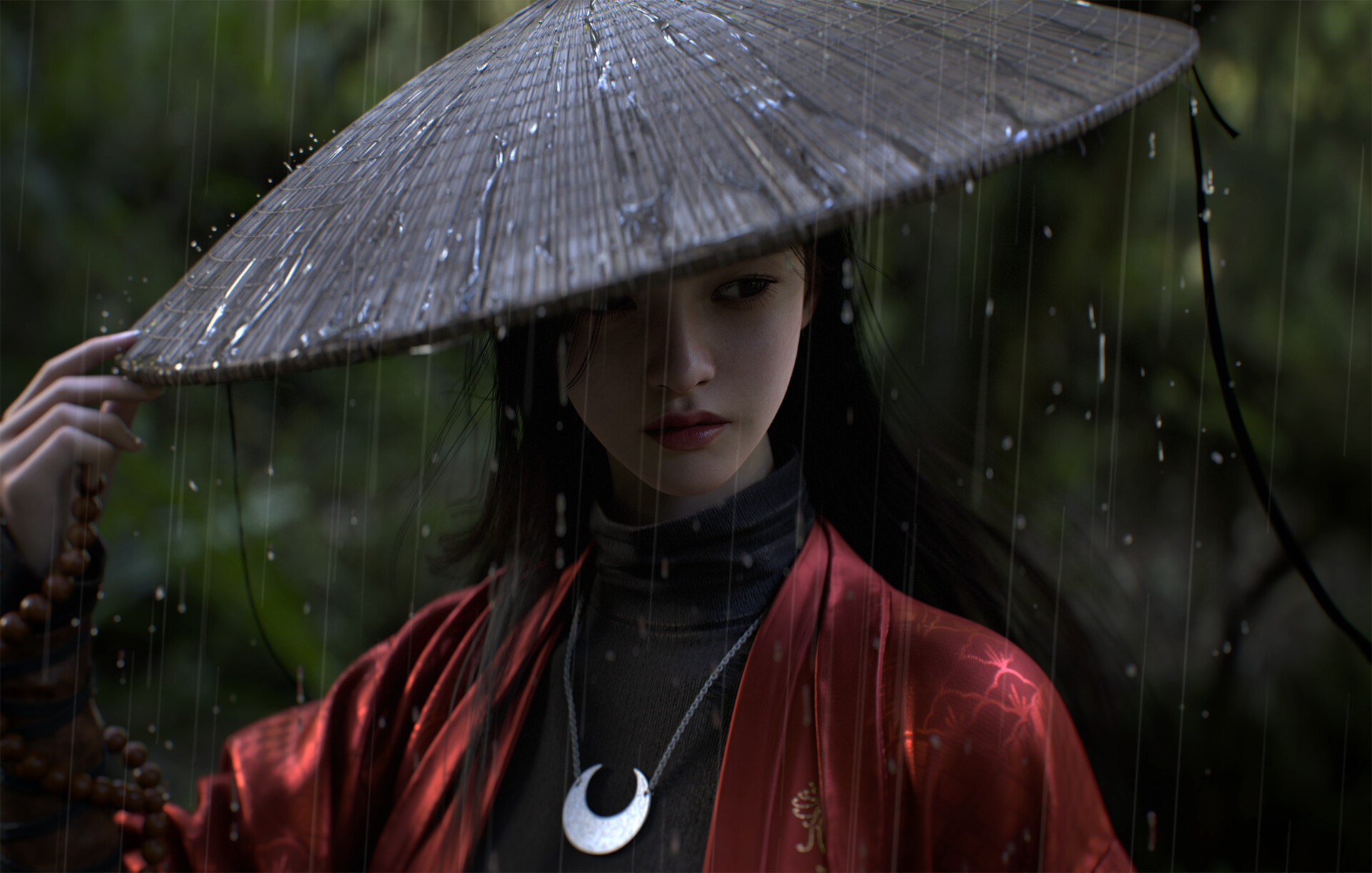 General 1920x1222 Kim Yeong Gyu CGI women samurai hat necklace rain digital art looking away looking sideways blurred blurry background long hair red clothing