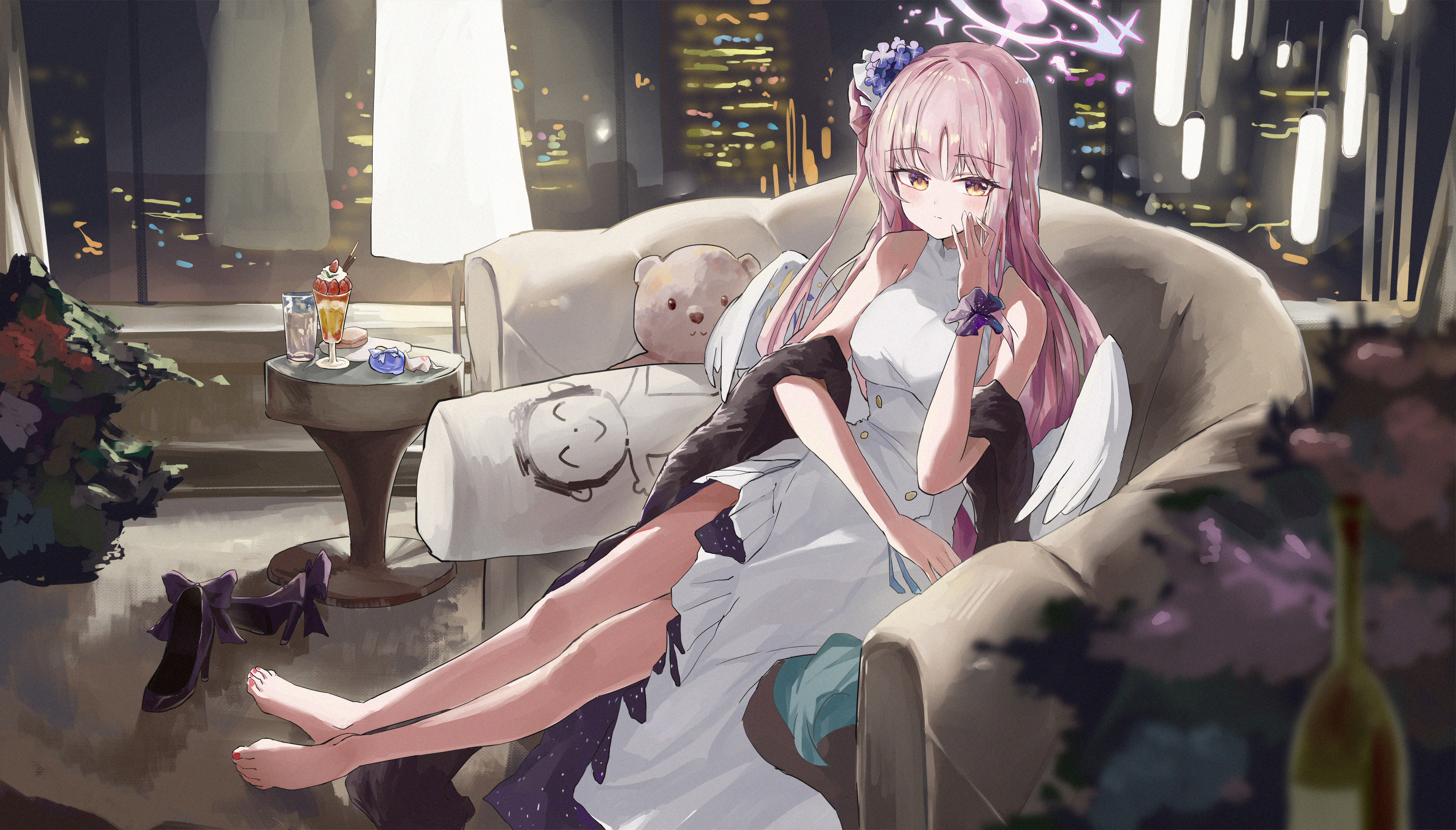 Anime 3703x2110 anime anime girls Misono Mika Blue Archive sitting wings city city lights window indoors women indoors feet looking at viewer barefoot table heels pink hair yellow eyes blushing night flowers dress