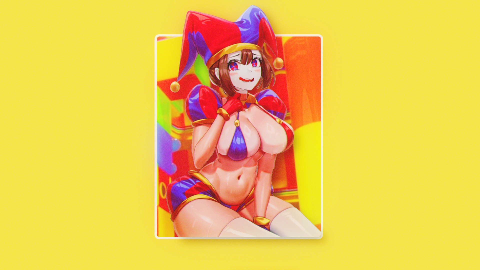 Anime 1920x1080 anime anime girls The Amazing Digital Circus Pomni minimalism picture-in-picture smiling simple background hat big boobs short hair blushing gloves jester yellow background looking at viewer thighs belly belly button brunette