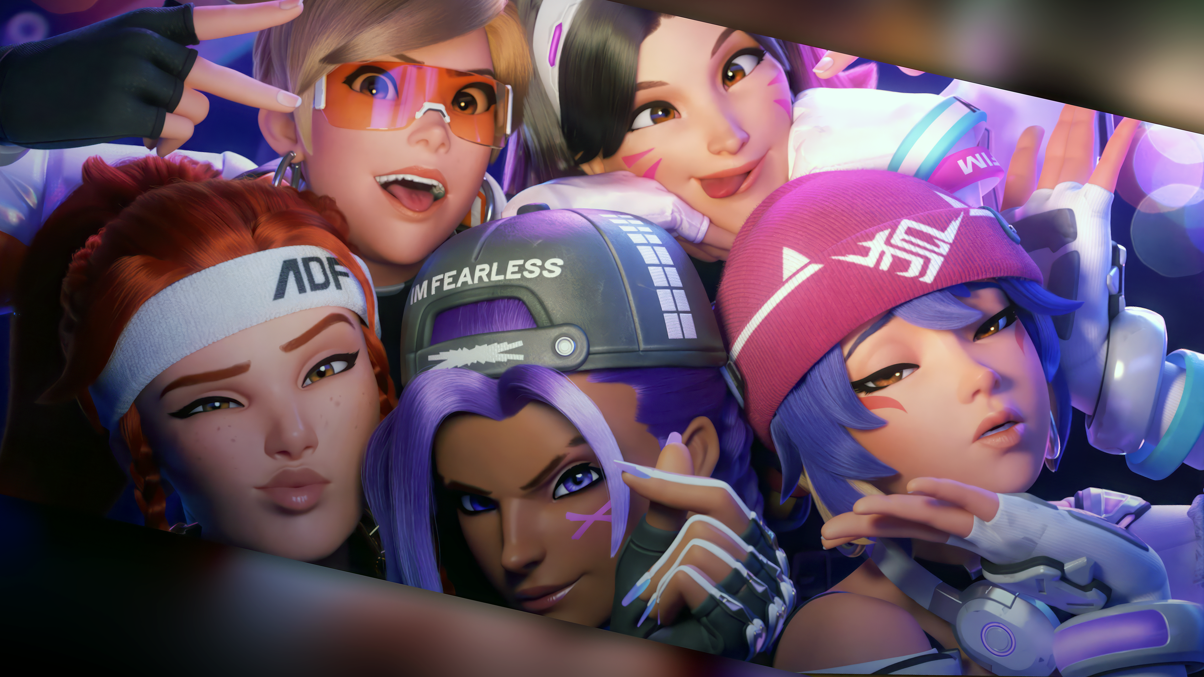 General 3840x2160 Activision photoshopped CGI video game characters peace sign video games looking at viewer hat tongue out smiling video game art earring people Overwatch Kiriko (Overwatch) 4K Brigitte (Overwatch) Tracer (Overwatch) D.Va (Overwatch) Sombra (Overwatch) Blizzard Entertainment