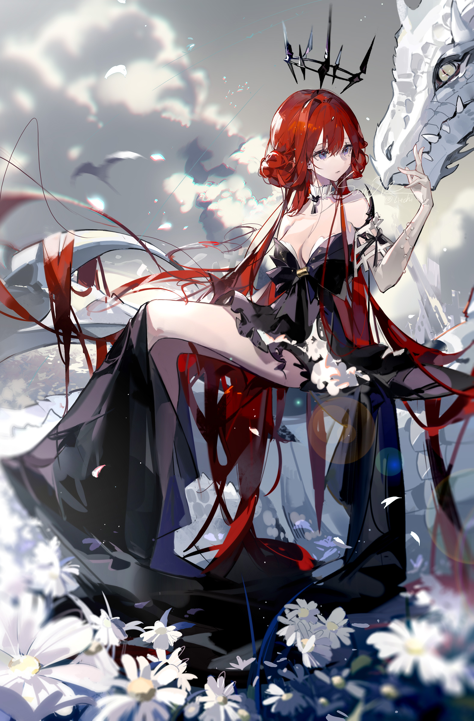 Anime 1576x2400 Lltchi anime anime girls portrait display long hair redhead dragon creature clouds sky flowers sitting cleavage signature dress blue eyes watermarked