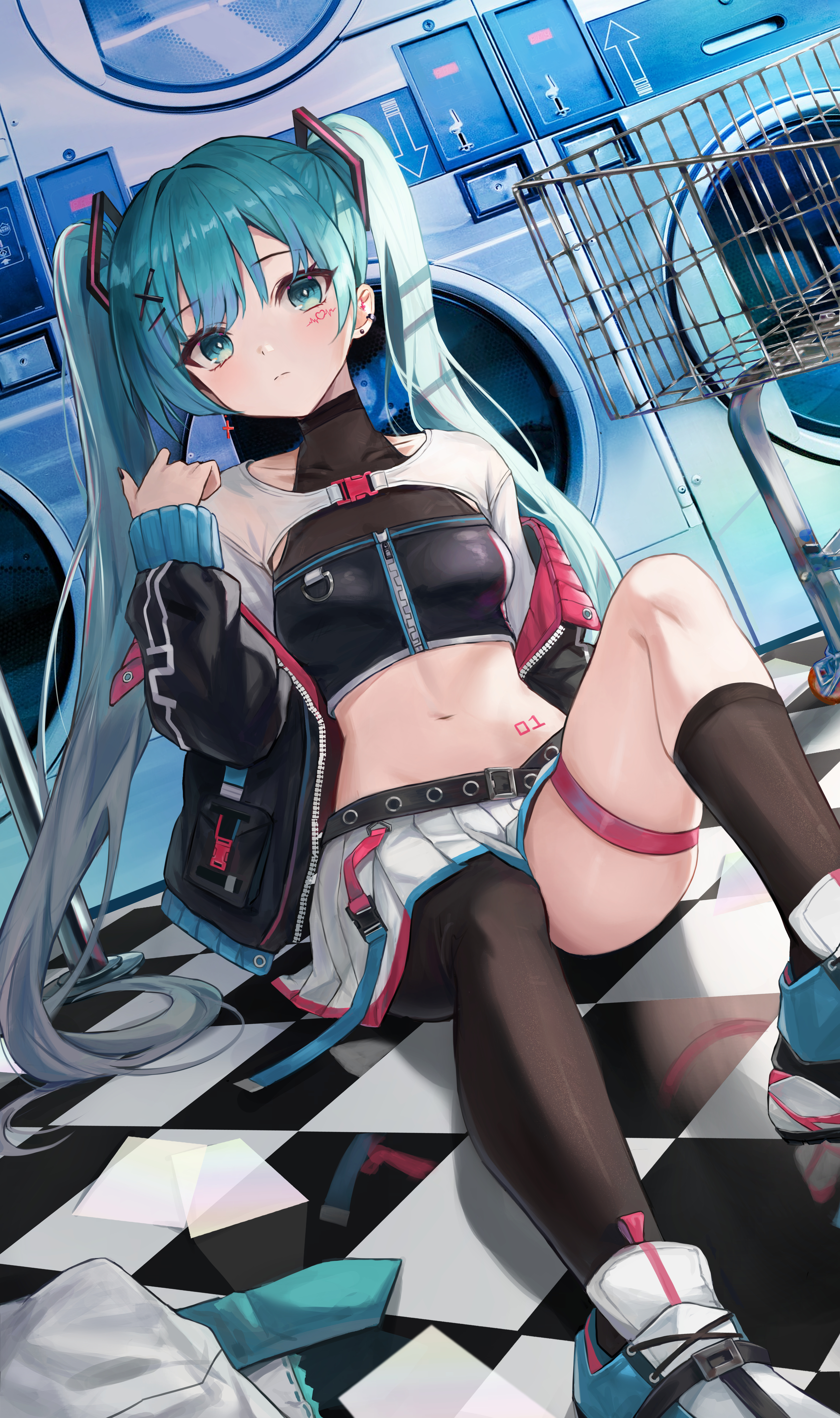 Anime 3243x5472 anime anime girls Hatsune Miku Vocaloid long hair twintails blue hair blue eyes looking at viewer washing machine shopping cart skirt on the floor checkered portrait display