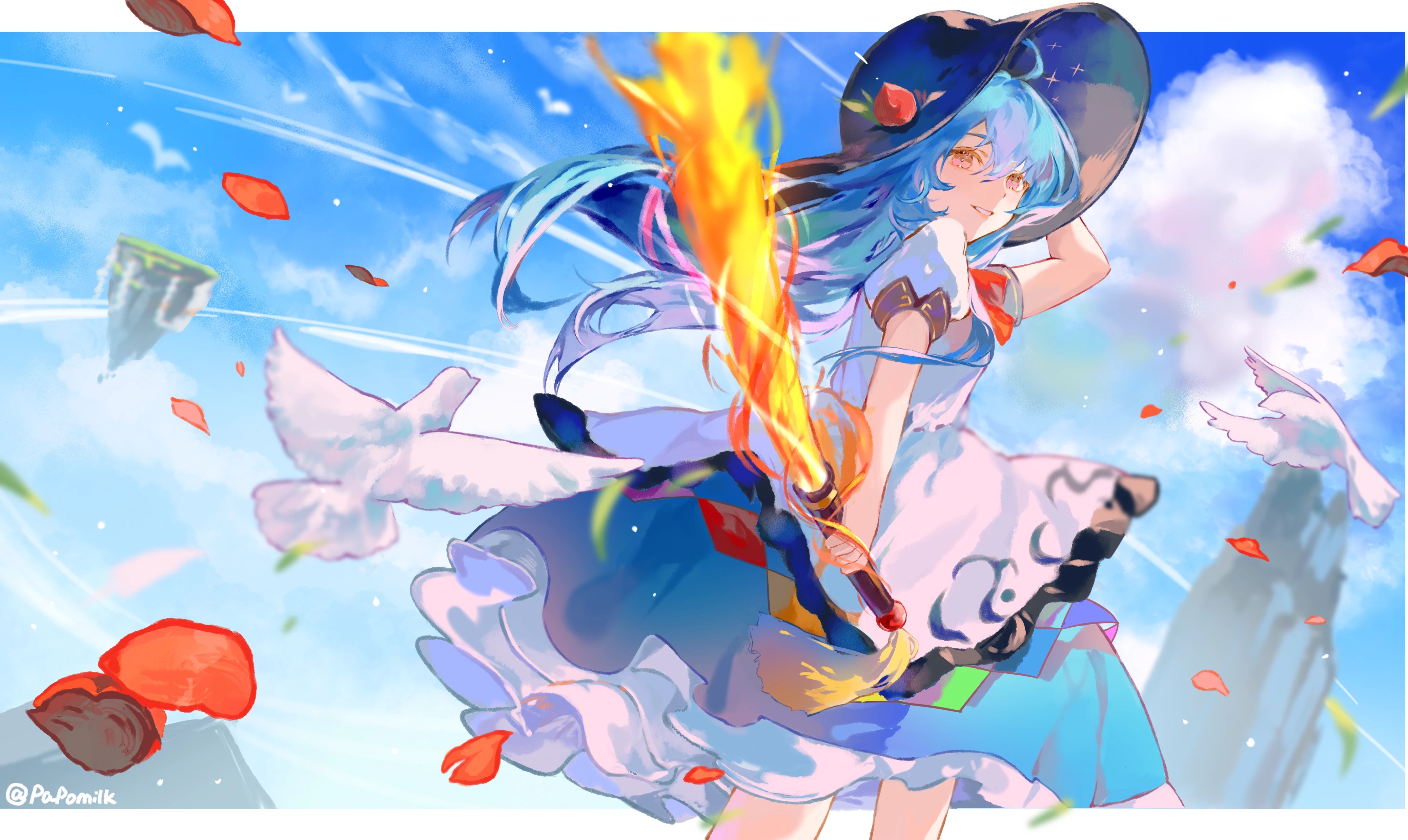 Anime 4155x2480 anime anime girls Touhou Hinanawi Tenshi blue hair long hair hair blowing in the wind wind clouds sky petals watermarked looking at viewer smiling hat birds animals dress floating fire weapon yellow eyes leaves