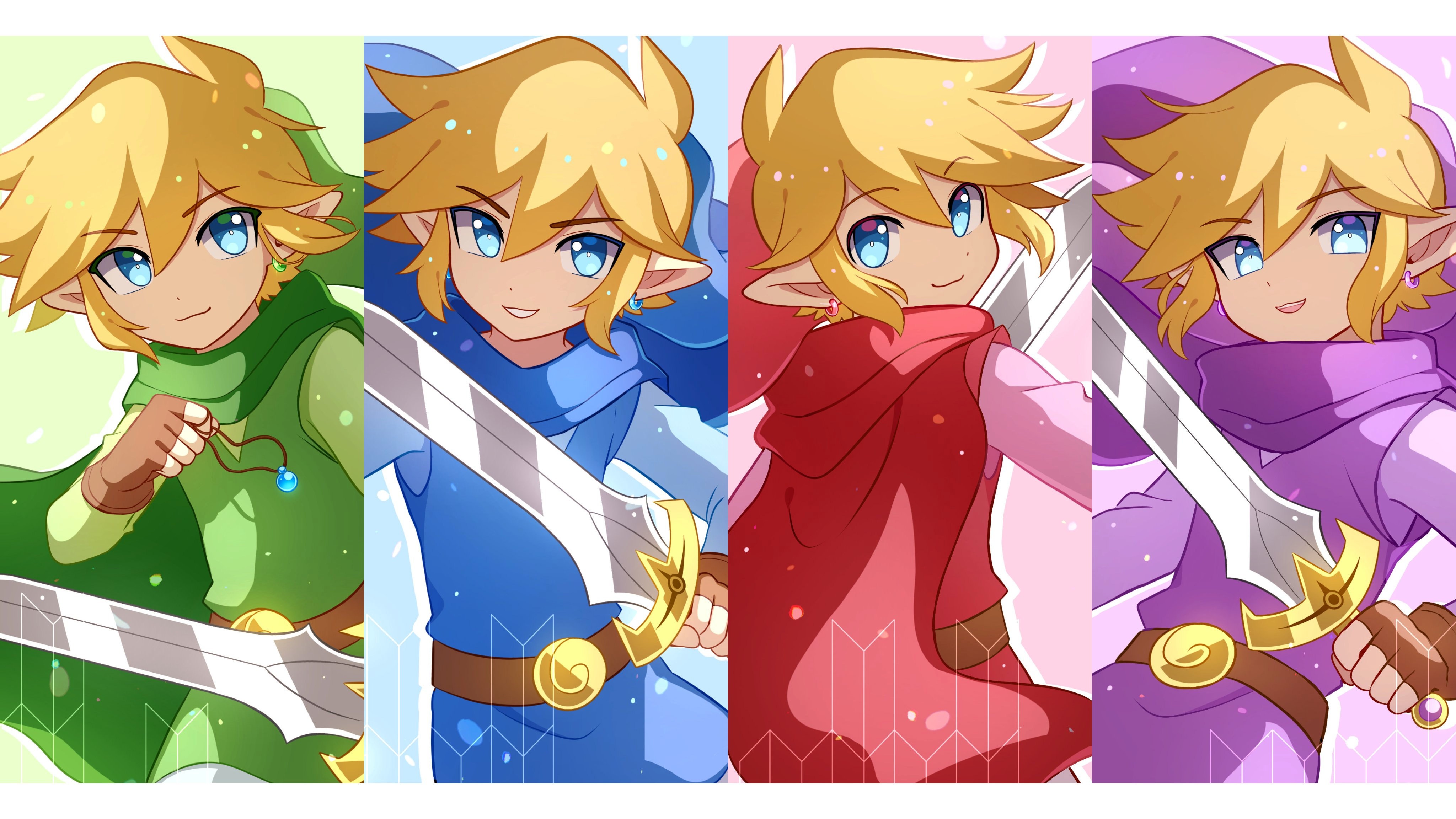 Anime 4096x2304 video games sword pointy ears Tunic green tunic blonde short hair hat blue eyes weapon cape gloves Nintendo bangs Link The Legend of Zelda