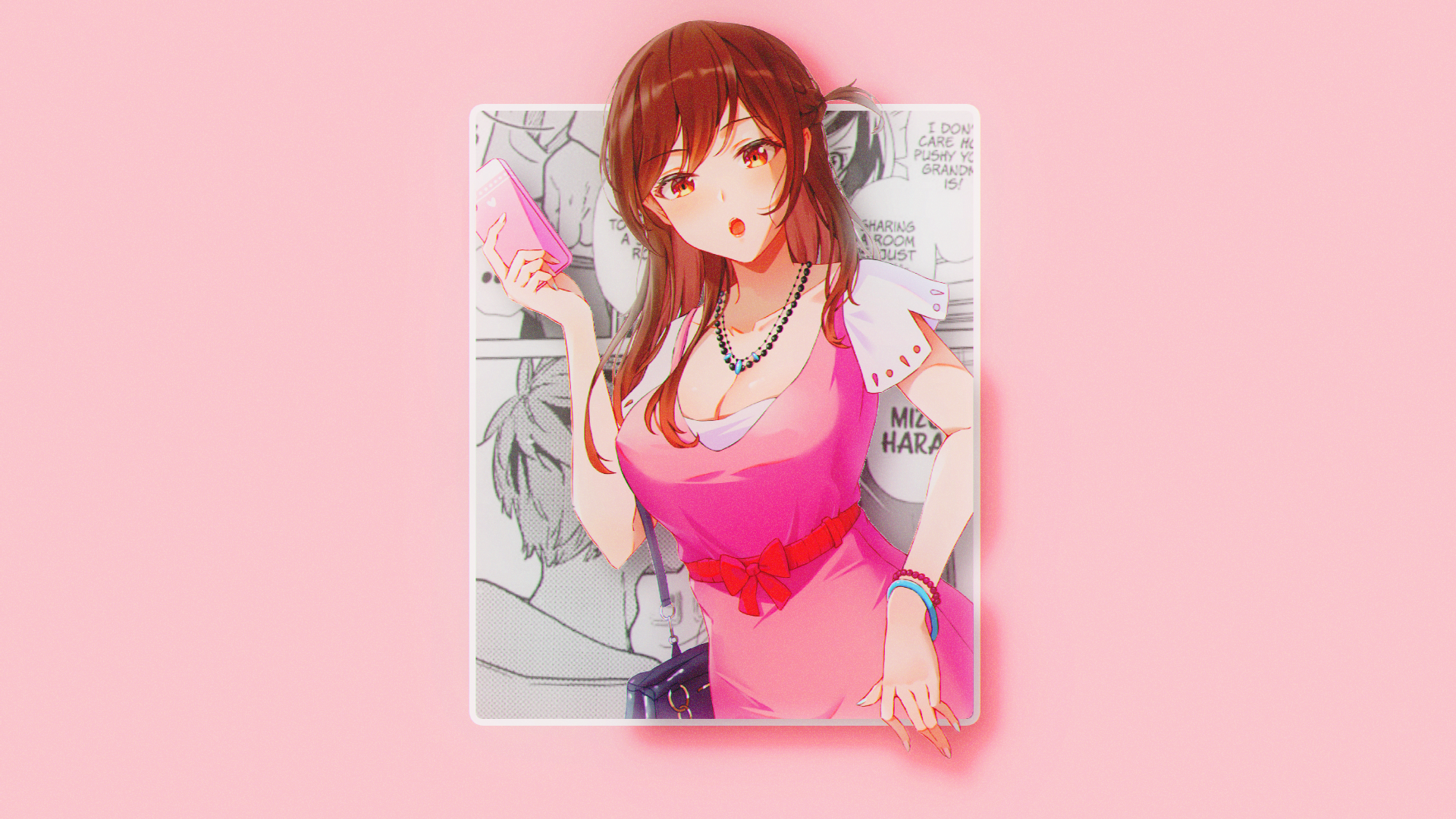 Anime 1920x1080 anime simple background Kanojo, Okarishimasu (Rent-a-Girlfriend) minimalism anime girls speech bubble bracelets picture-in-picture manga Chizuru Mizuhara cleavage long hair looking at viewer necklace purse text dress open mouth brunette brown eyes