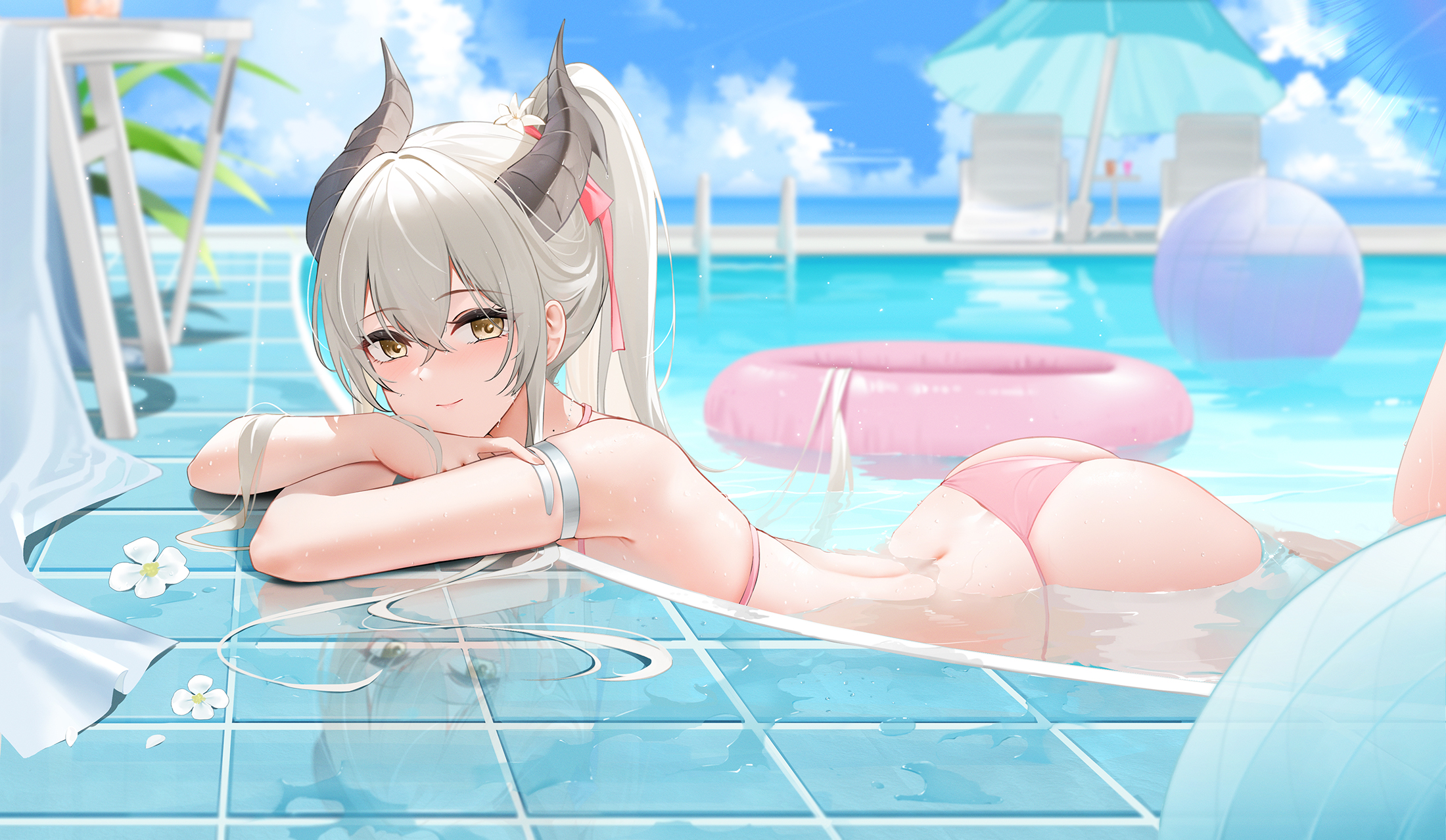 Anime 2200x1279 bikini beach water looking at viewer horns sky ass clouds long hair swimming pool petals in water smiling blushing yellow eyes wet body wet hair Qing Wu leaves reflection flowers