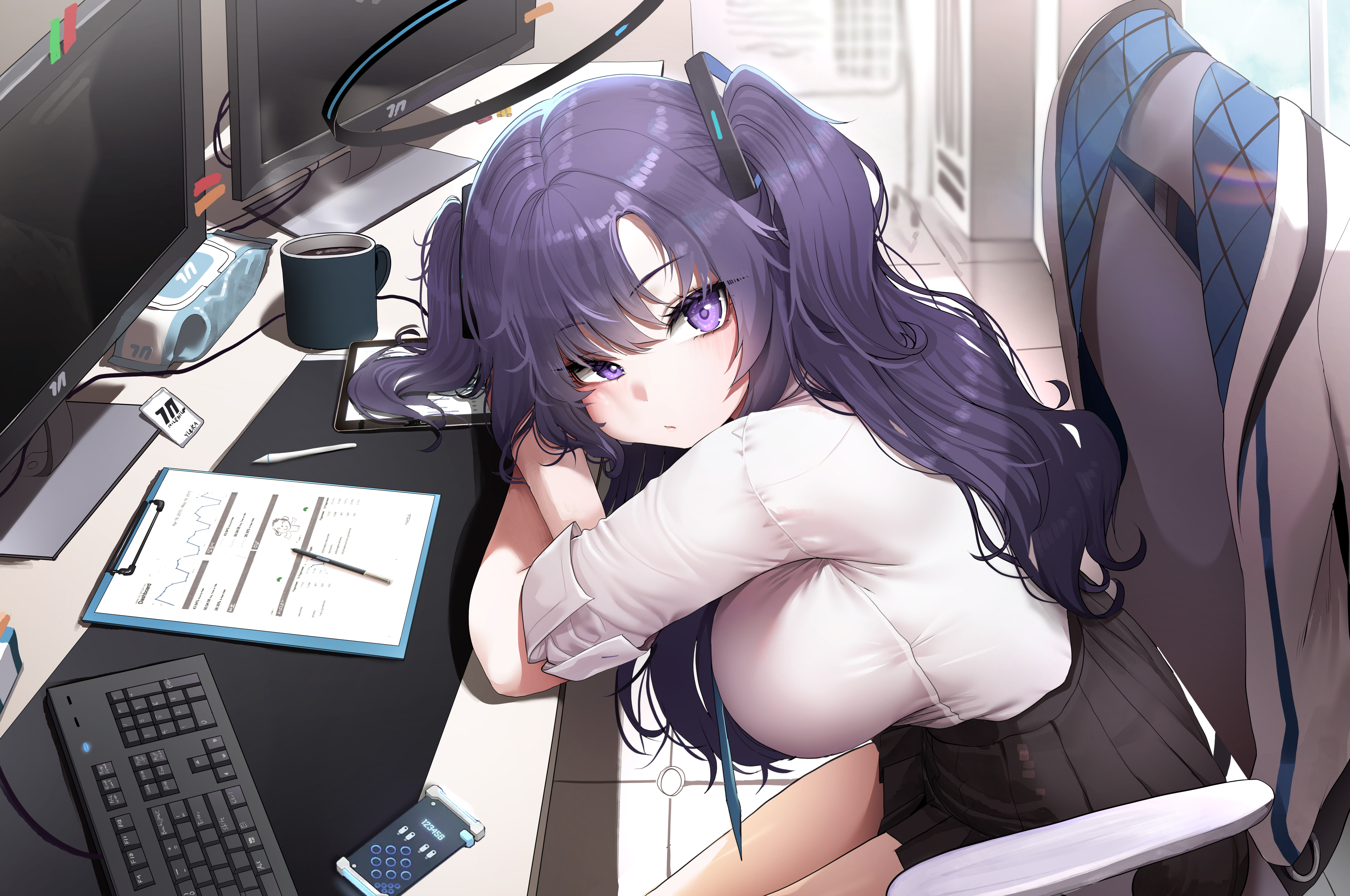 Anime 5424x3600 Hayase Yuuka Blue Archive cellphone coffee cup hand wipes halo jacket sunlight desk mouse pad computer mice mechanical keyboard skirt big boobs long hair purple hair purple eyes indoors women indoors arms crossed technology looking at viewer sitting clipboards coffee drink uniform legs pens twintails monitor