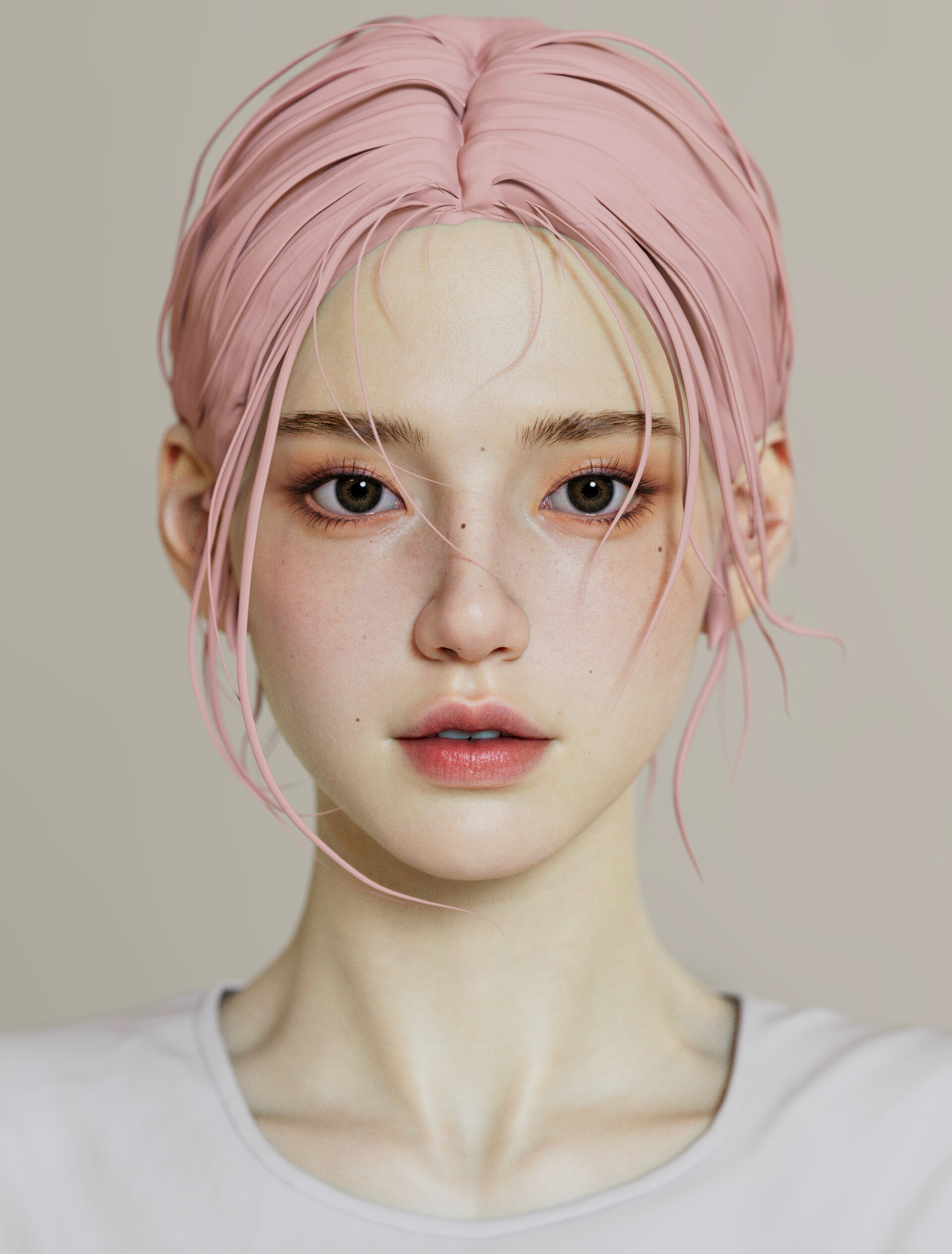 General 1920x2527 YJM CGI women pink hair blushing portrait looking at viewer digital art portrait display parted lips short hair Asian simple background face minimalism