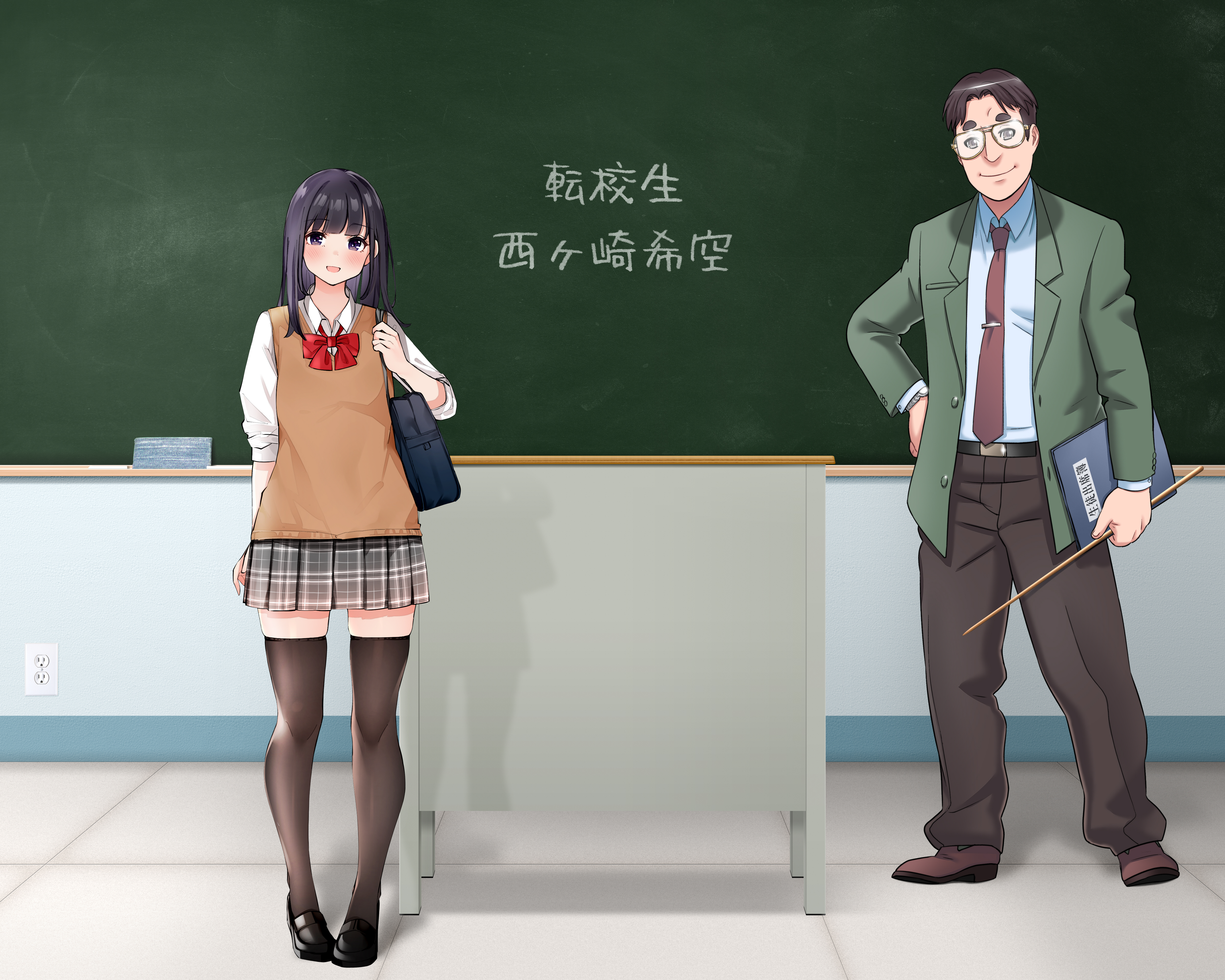 Anime 5000x4000 transfer student students teachers classroom introduction standing schoolgirl school uniform blushing looking at viewer chalkboard stockings anime boys anime girls smiling closed mouth open mouth glasses bow tie skirt tie bag