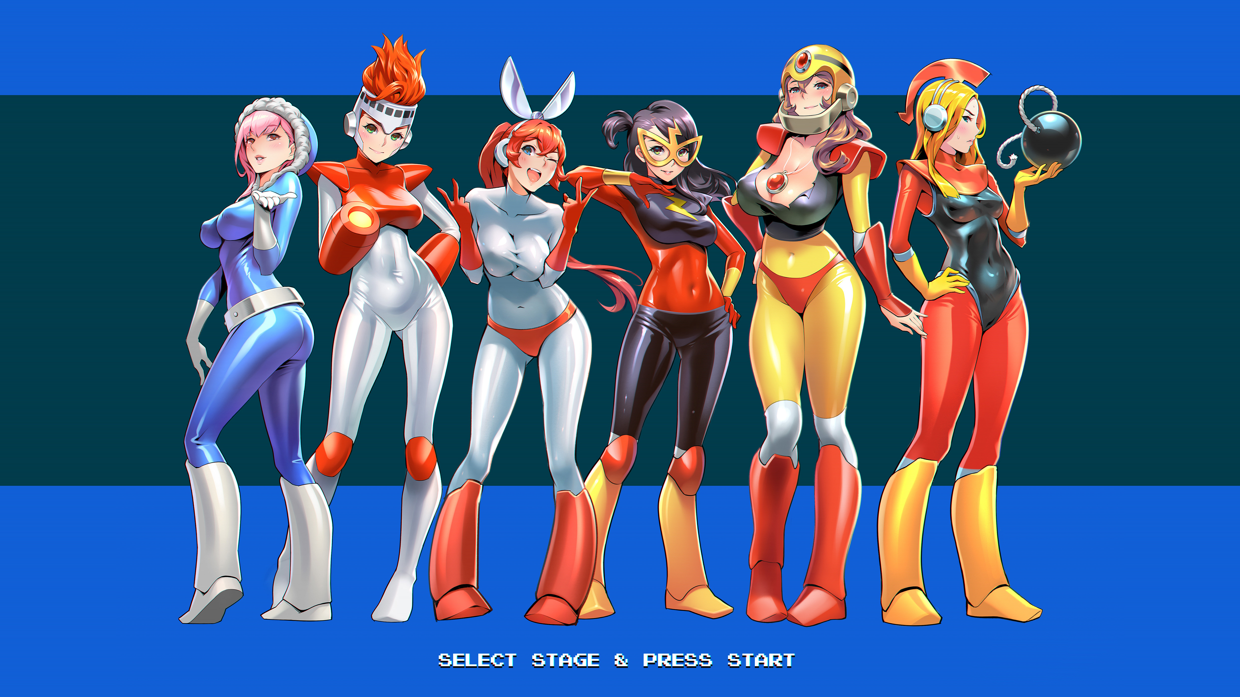Anime 4978x2800 alternate costume blonde Mega Man genderswap retro games long hair looking at viewer scissors bombs tight clothing panties bodysuit wink cleavage boots fire robot bangs redhead helmet video games simple background ass standing video game girls smiling face mask big boobs pressed boobs open mouth blushing one eye closed one3four! line-up group of women