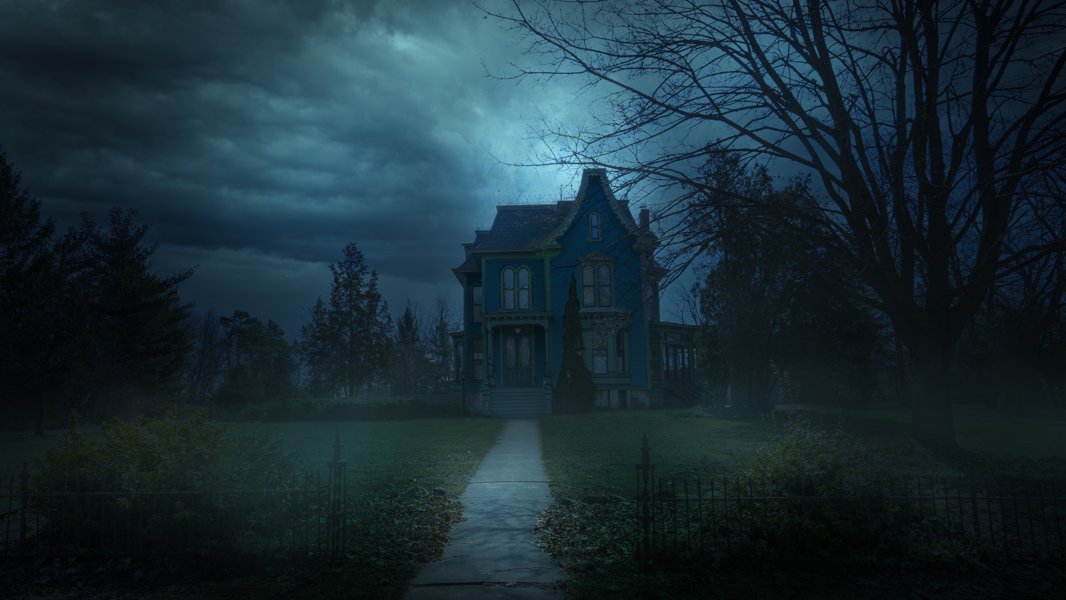 General 4096x2305 house mist trees old building clouds path grass sky night frontal view