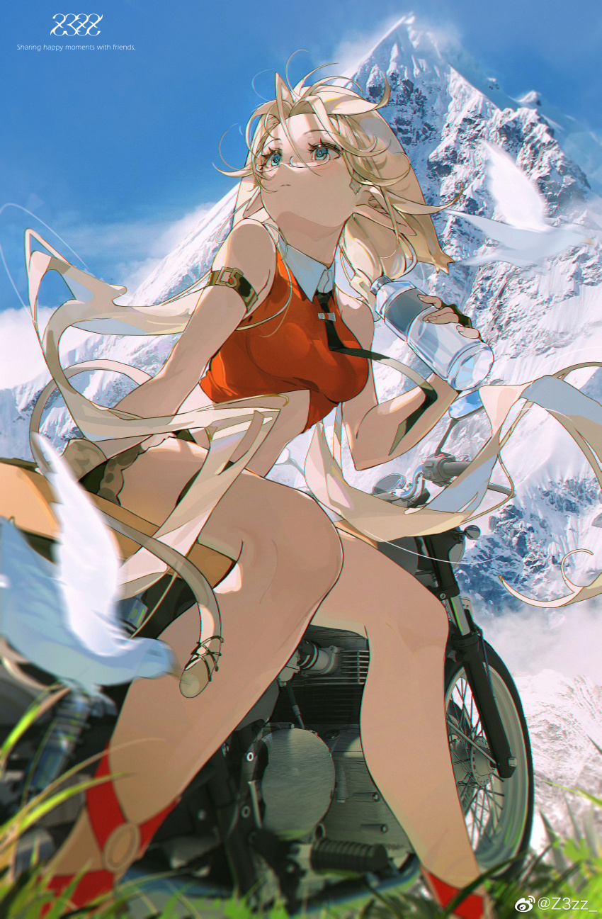 Anime 850x1297 anime girls mountains portrait display long hair blonde looking up women outdoors sky women with motorcycles motorcycle sitting z3zz4 blue eyes water bottle grass fingerless gloves gloves black gloves crop top red tops looking away tie clouds tail watermarked armlet pointy ears glasses text closed mouth