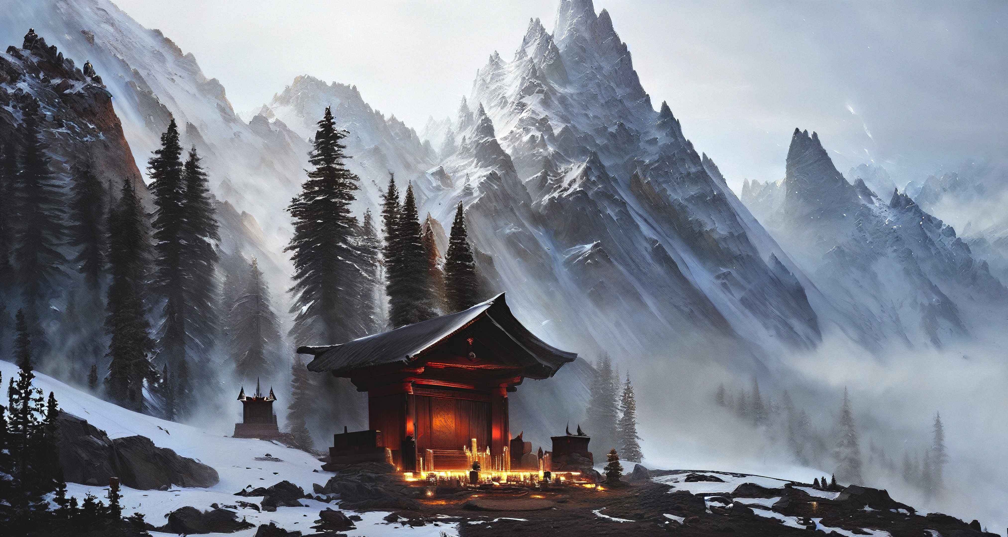 General 4050x2160 AI art Stable Diffusion snow mountains shrine trees candles landscape mist antlers_anon