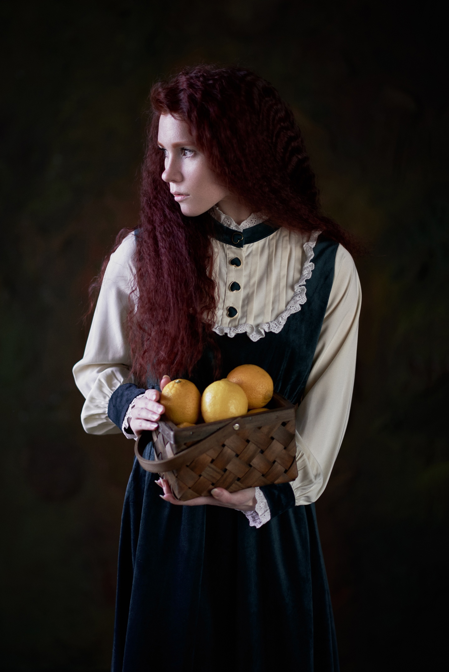 People 1442x2160 Max Pyzhik women Olesya Lobashova redhead long hair dress fruit lemons simple background