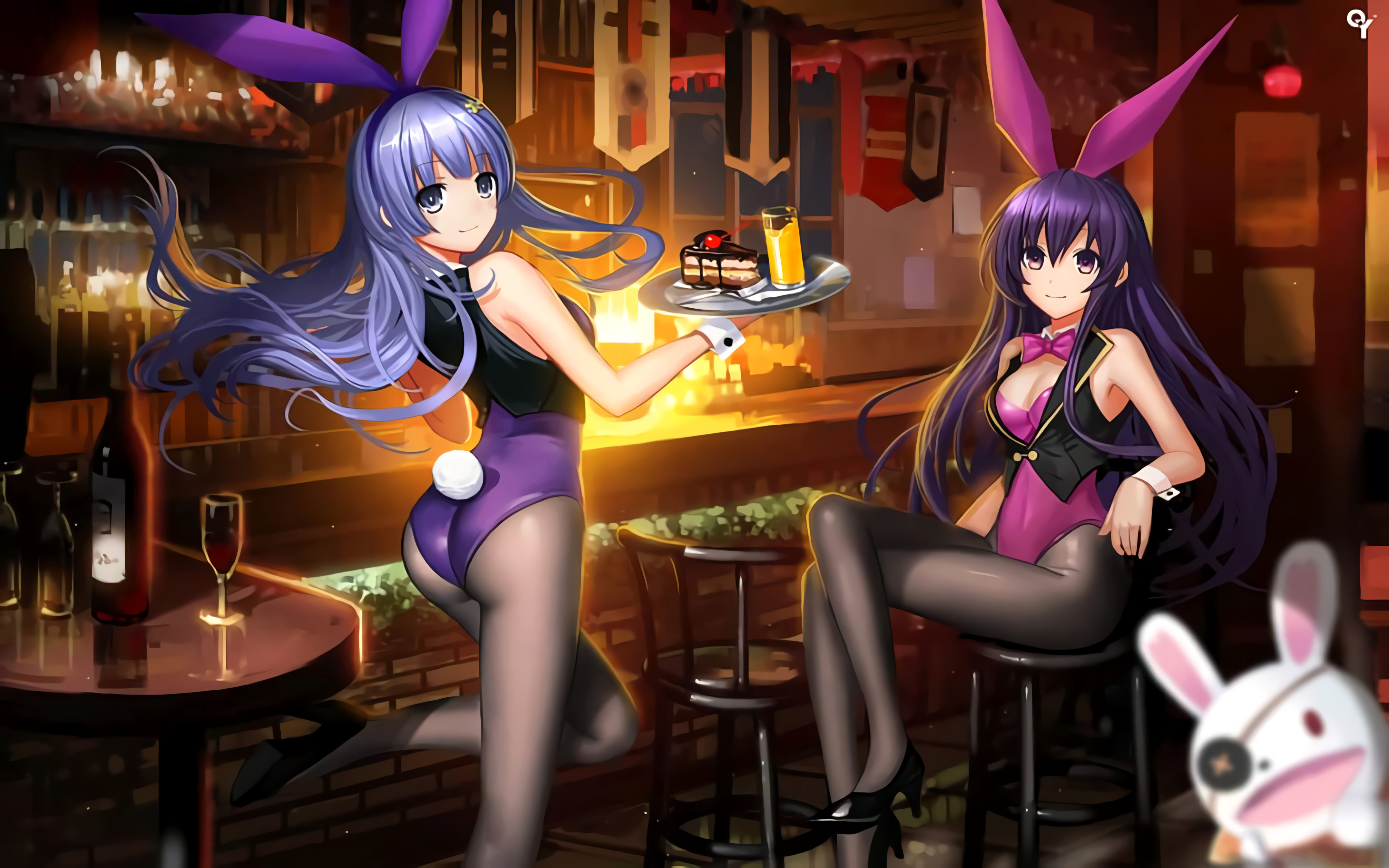 Anime 4320x2700 anime anime girls Date A Live Yatogami Tohka Izayoi Miku bunny suit bunny ears bunny tail ass cake bar pantyhose two women