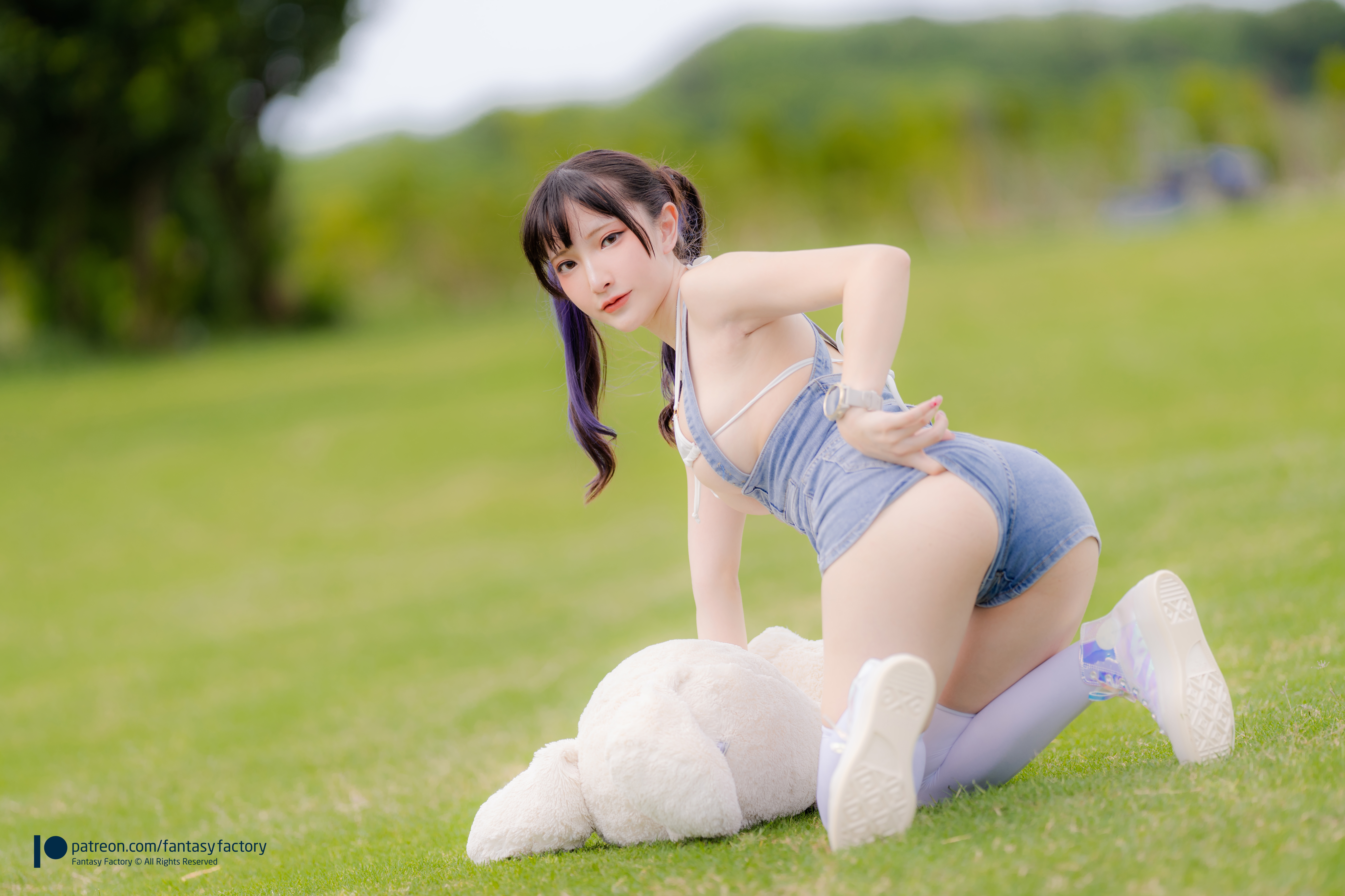People 8640x5760 Fantasy Factory women model brunette twintails dyed hair bikini top overalls jeans overalls ass stockings women outdoors Asian