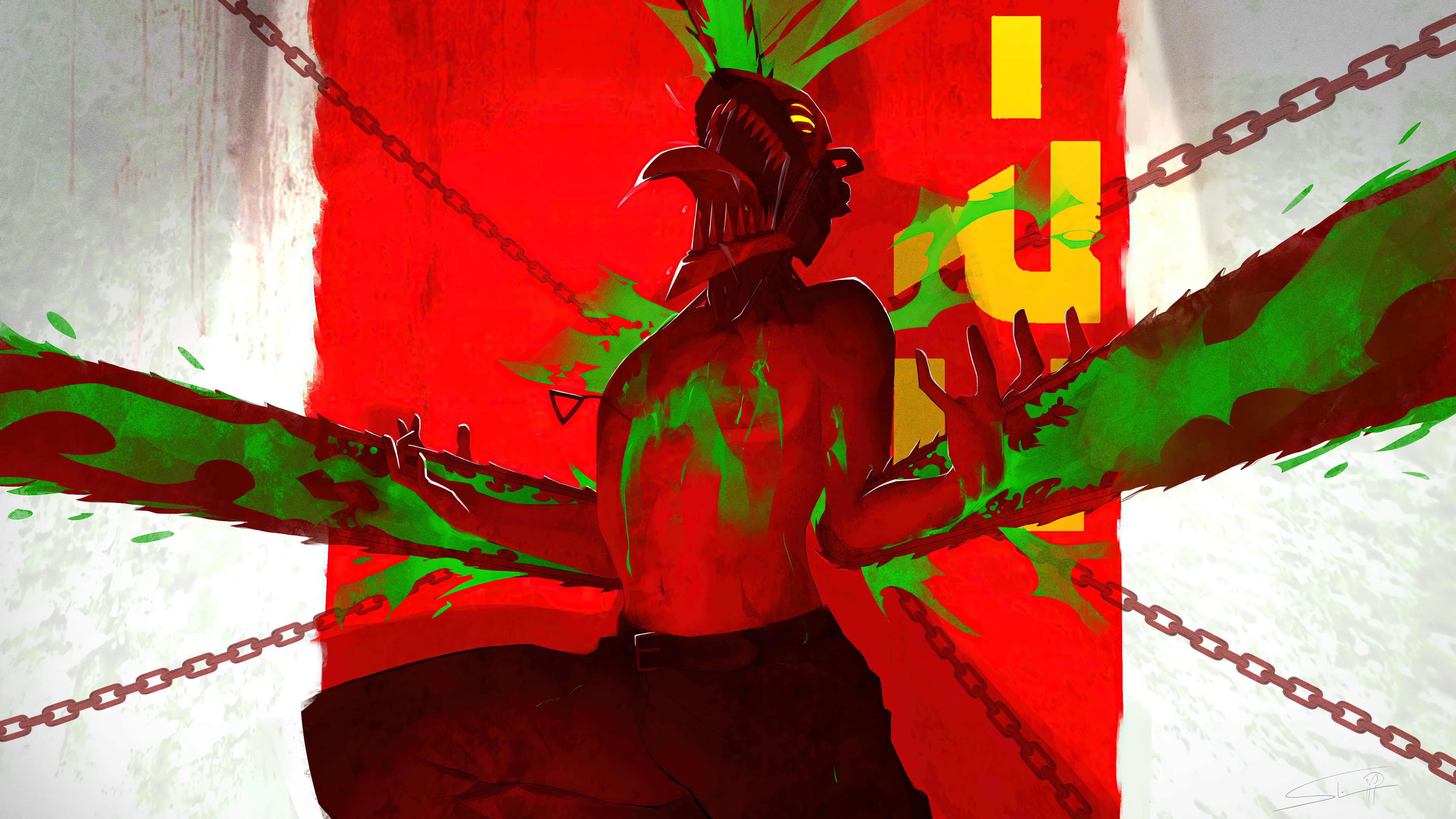 Anime 3840x2160 Chainsaw Man Denji (Chainsaw Man) red skin chainsaws chains screaming blood anime boys