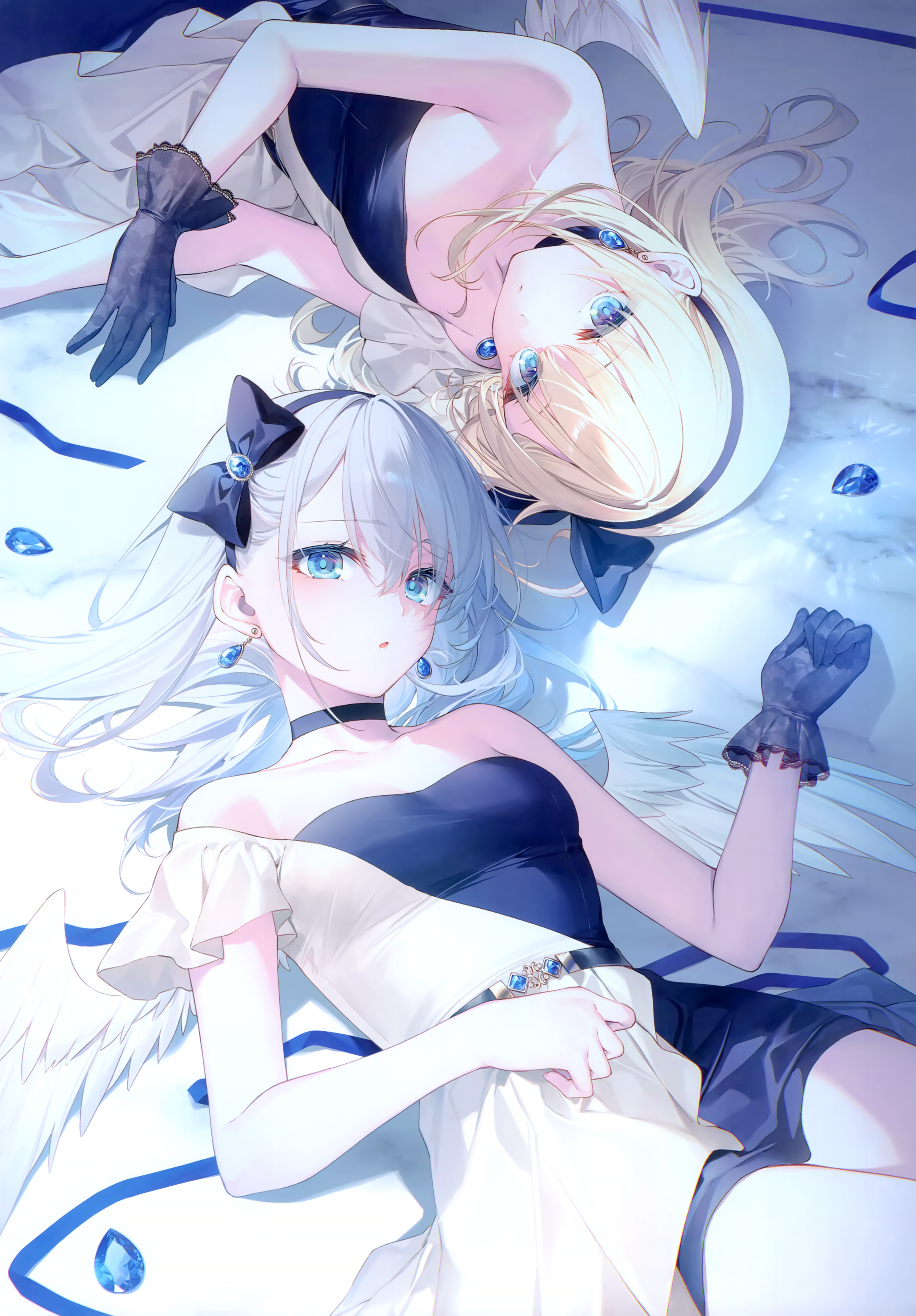 Anime 2424x3481 anime anime girls two women blonde white hair blue eyes lying down looking at viewer gloves dress long hair