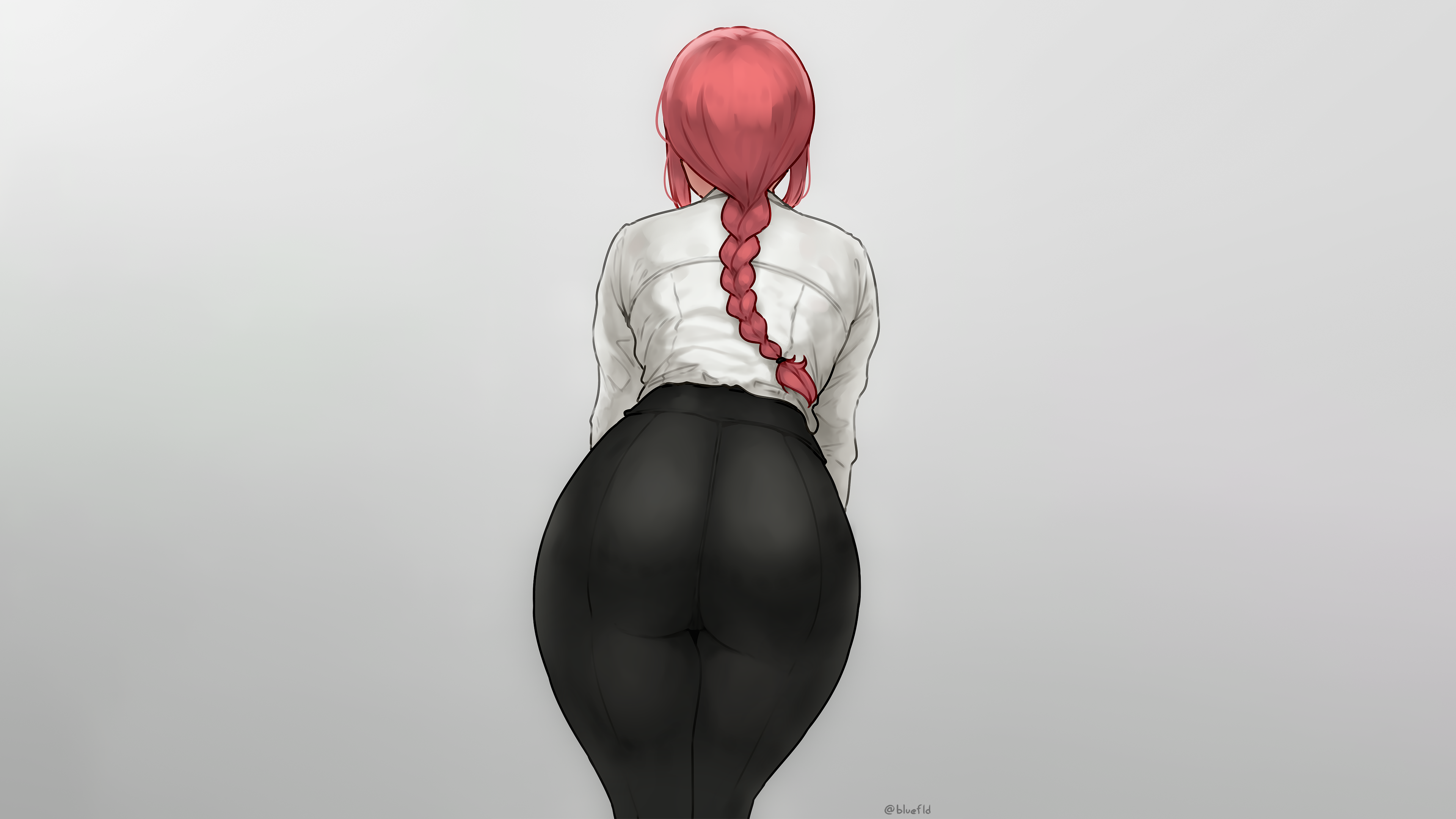 Anime 3840x2160 bluefield Makima (Chainsaw Man) Chainsaw Man redhead long hair white tops black pants tight pants looking away ass bent over simple background gray background digital art 2D fan art anime anime girls minimalism braids
