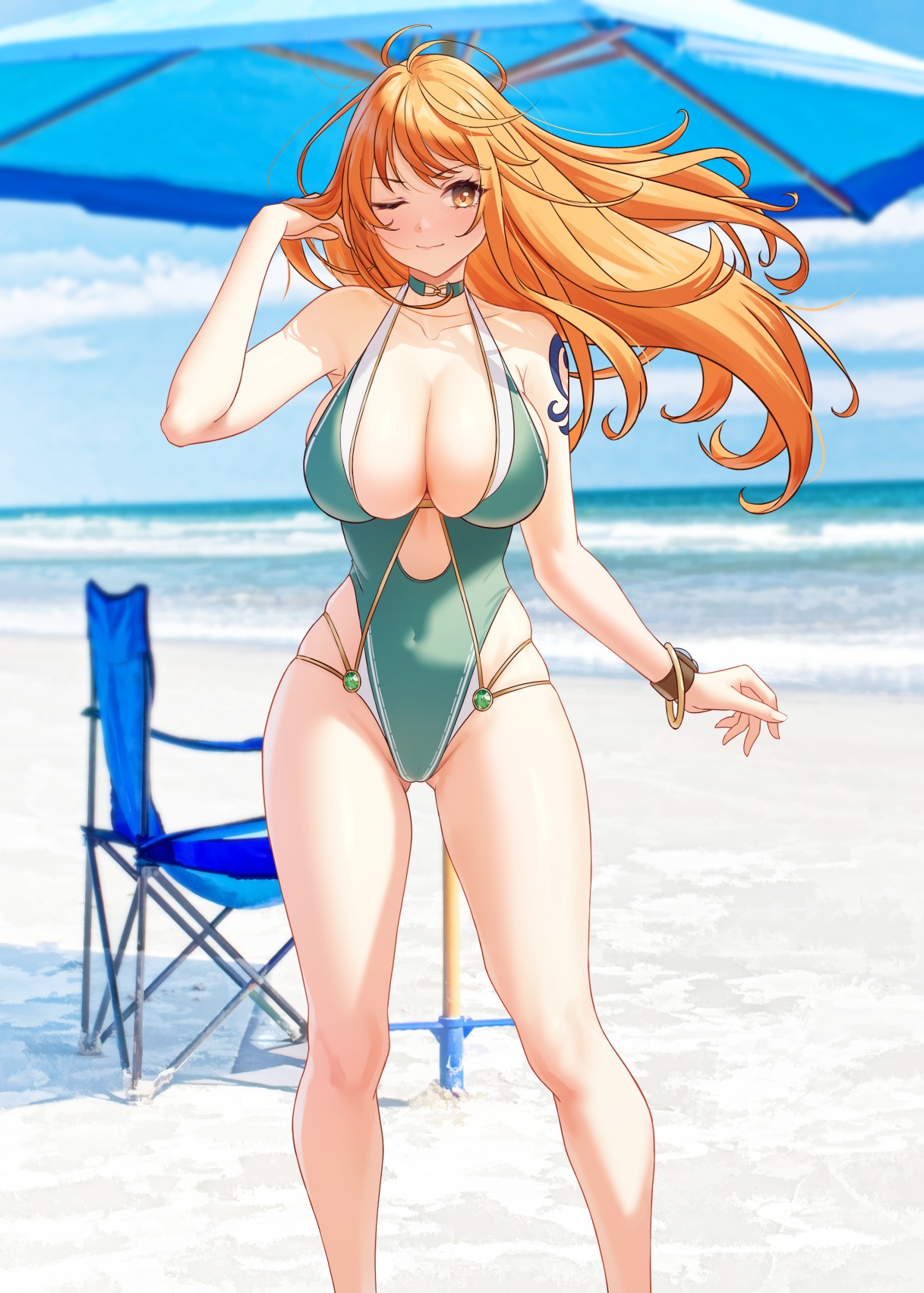 Anime 1217x1703 anime anime girls Nami redhead big boobs blushing sand beach one-piece swimsuit One Piece cleavage