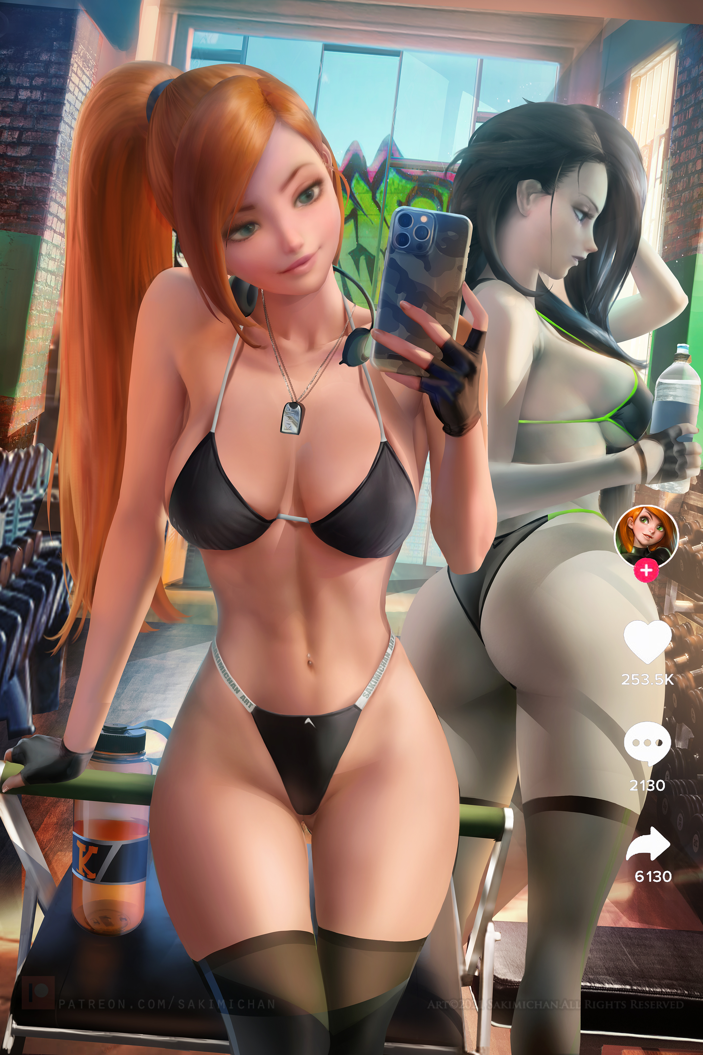 General 2333x3500 Kimberly Ann Possible Shego Kim Possible TV series fictional character 2D artwork drawing fan art Sakimichan gyms selfies reflection cartoon stockings water bottle ponytail ass underwear big boobs sideboob phone cellphone