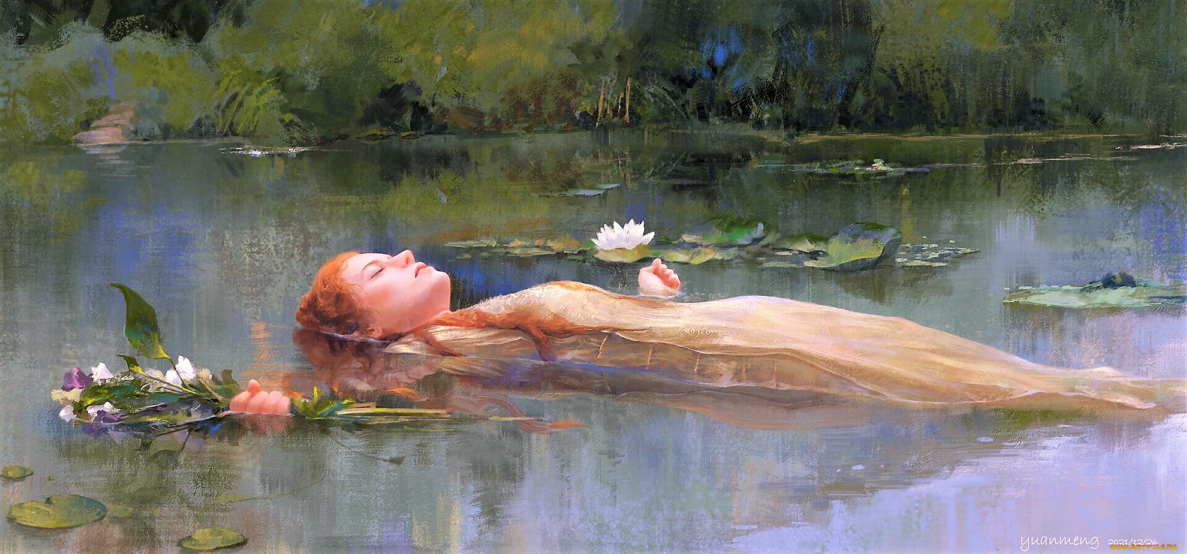 General 2314x1080 women artwork fantasy art fantasy girl closed eyes women outdoors floating in water flowers redhead painting water lilies water Ophelia