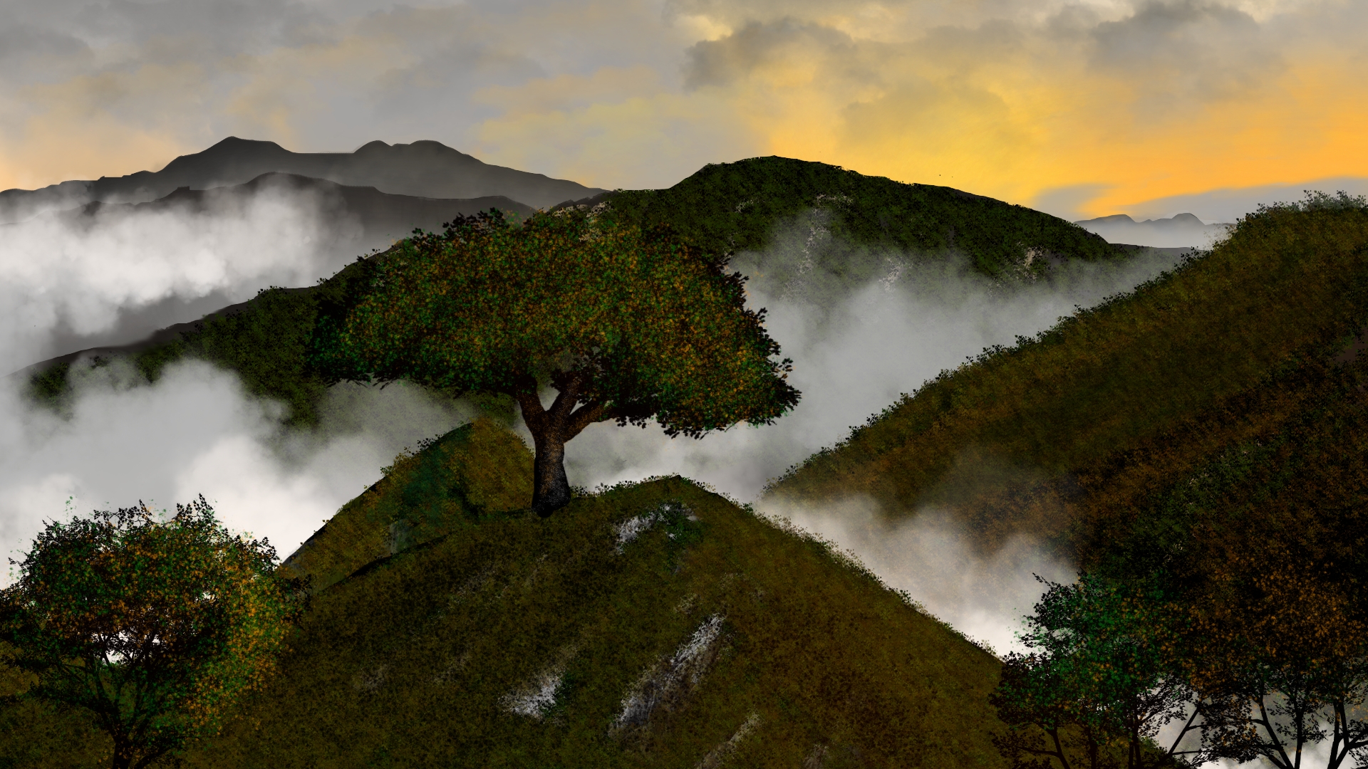 General 1920x1080 digital painting digital art nature landscape fall mist artwork trees mountains