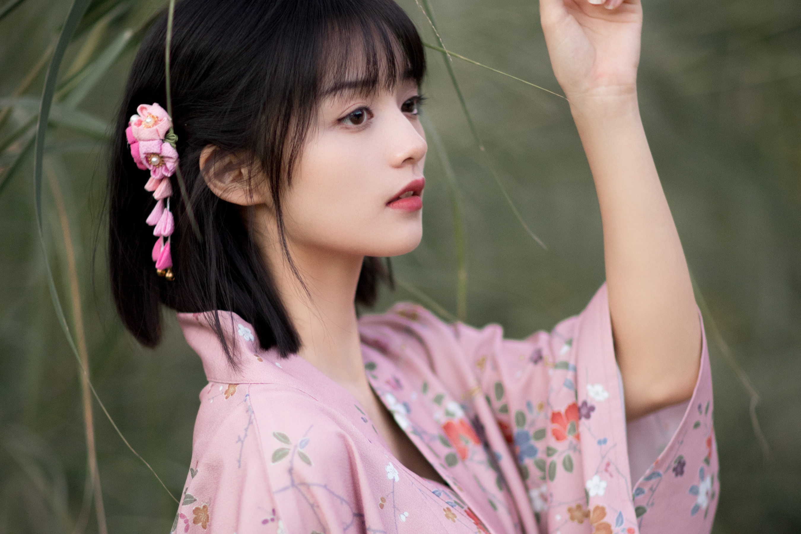 People 2700x1800 women Asian model kimono short hair dark hair Yu Wen