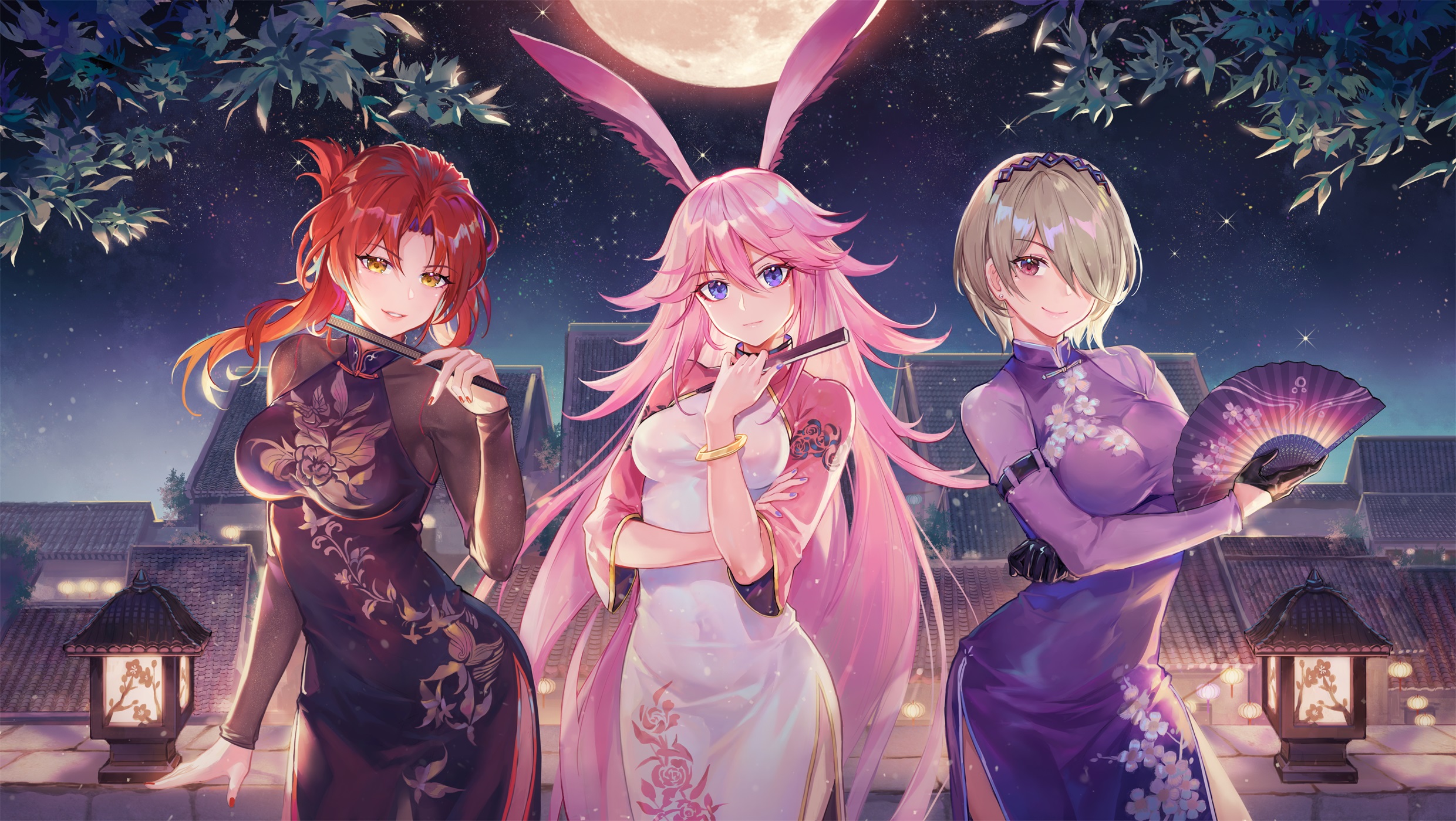 Anime 2480x1400 anime anime girls Moon bunny ears bunny girl fans chinese dress stars starry night