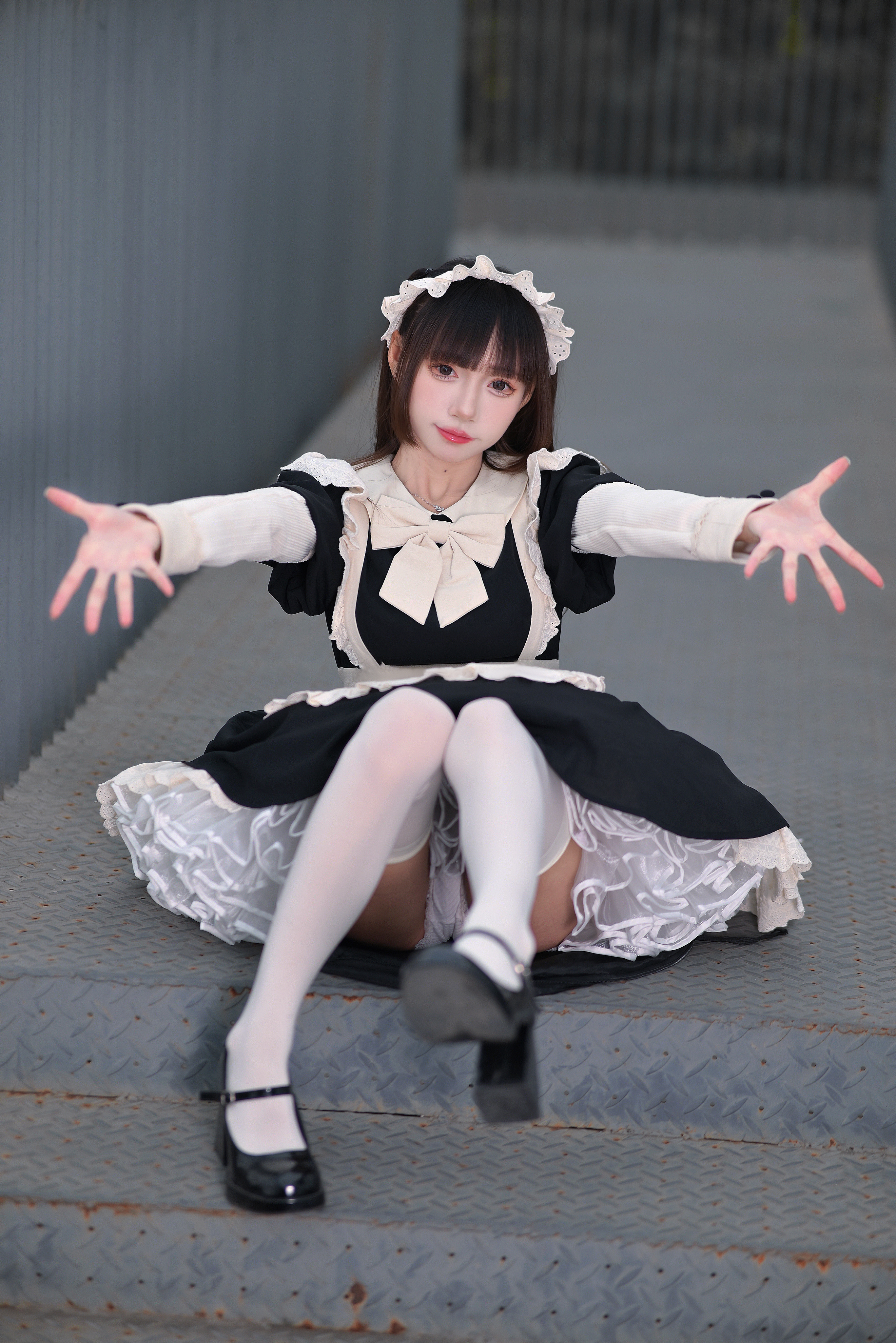 People 2734x4096 cosplay Asian women coserxmj arms reaching sitting looking at viewer shoe sole maid closed mouth maid outfit long sleeves depth of field brunette portrait display upskirt white stockings stockings steps