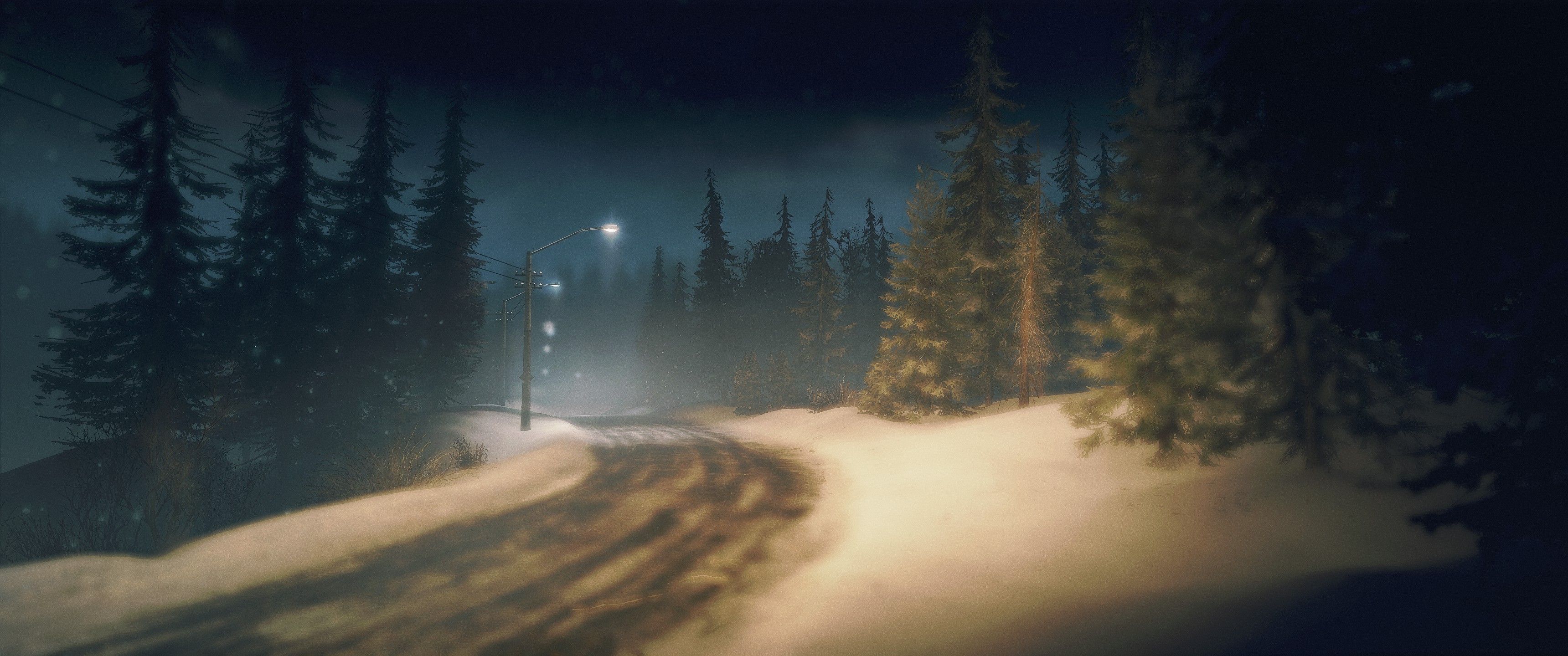 General 3440x1440 nature night CGI snow forest road digital art ultrawide sky street light trees snow covered