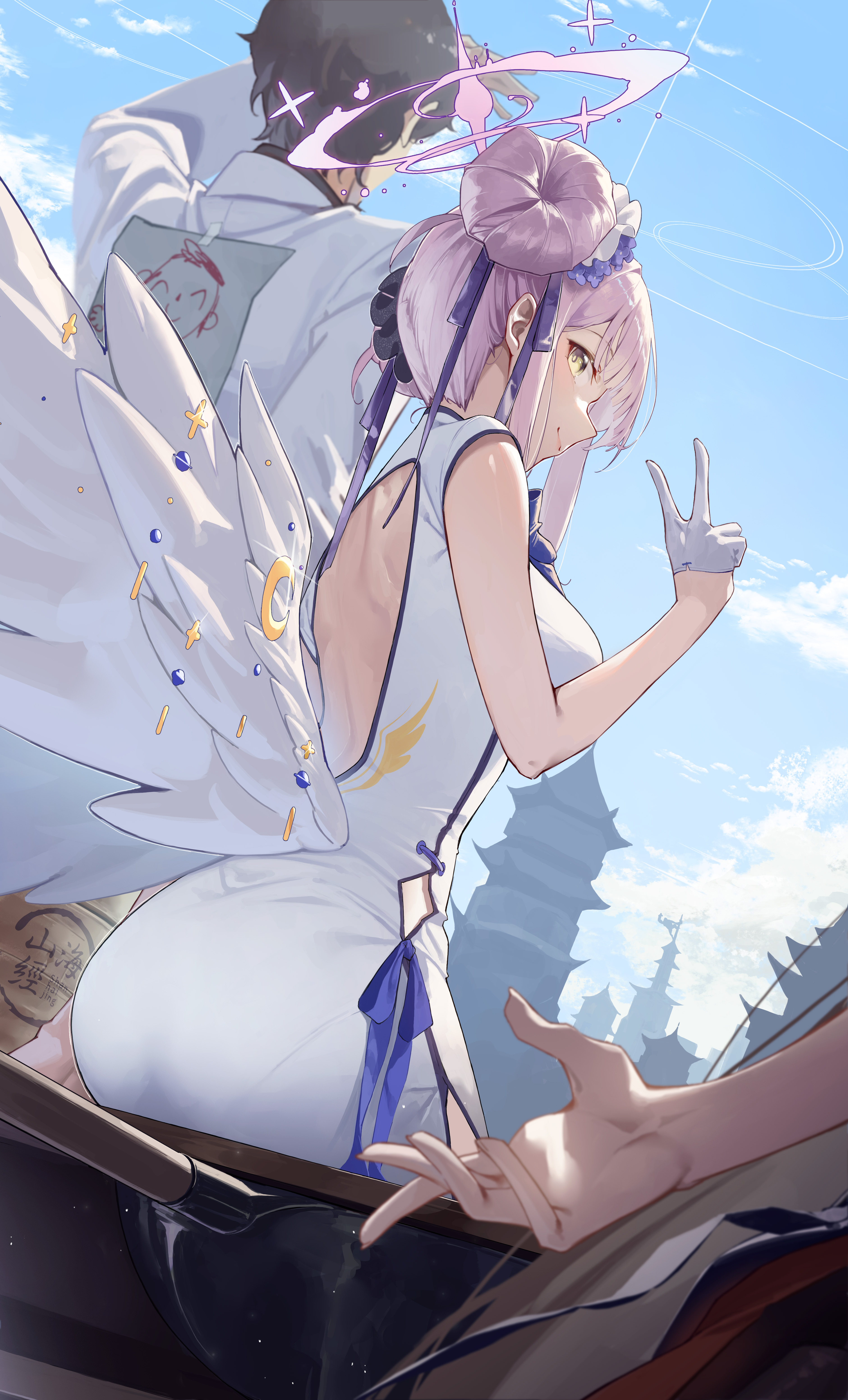 Anime 3761x6204 anime anime girls pink hair Misono Mika Blue Archive sitting portrait display peace sign hairbun looking at viewer white gloves short hair flower in hair gloves backless anime boys closed mouth yellow eyes hair ornament ass chinese dress wings siro_joon hands looking back twin buns hair ribbon sunlight