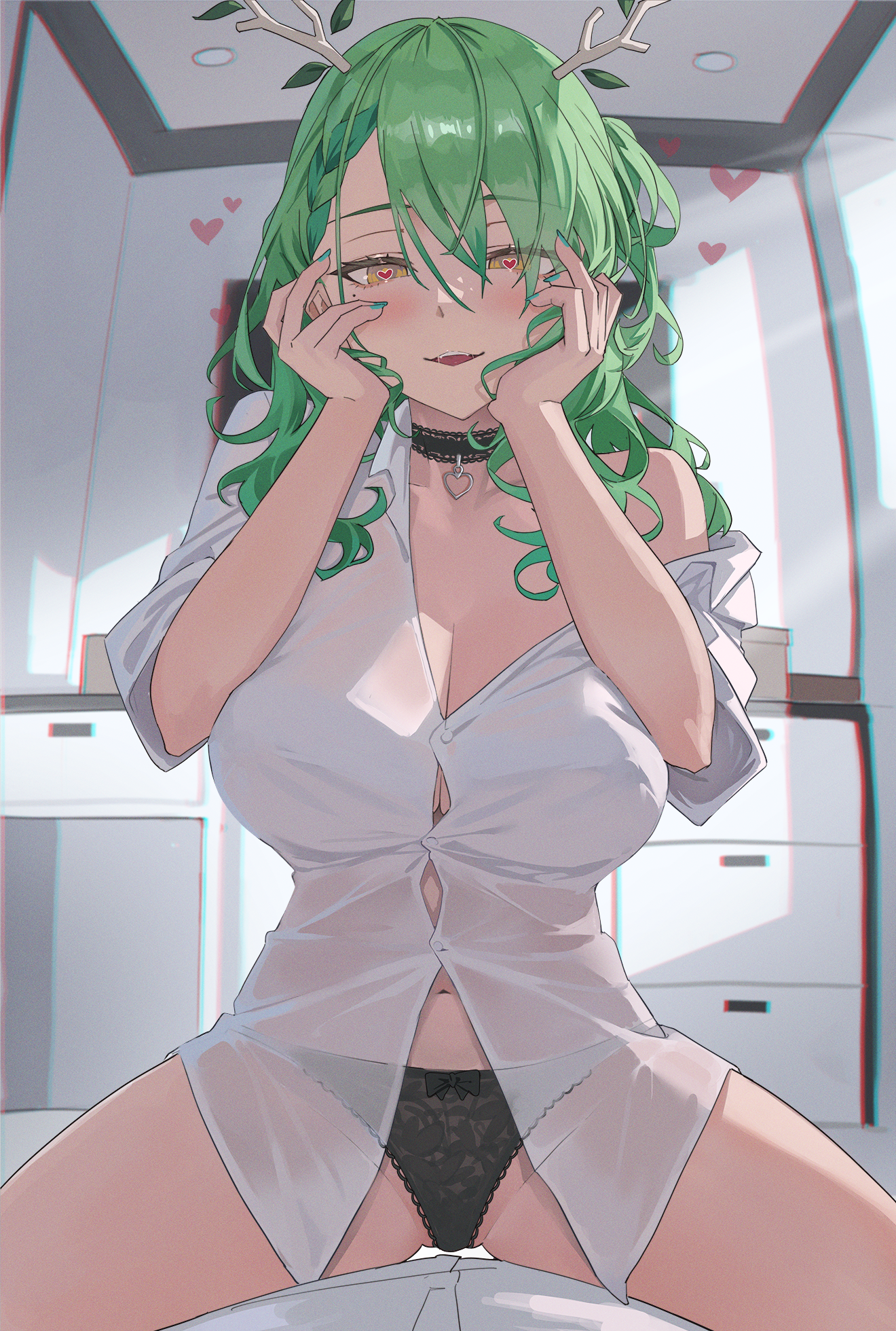 Anime 1320x1960 anime anime girls Virtual Youtuber Hololive Ceres Fauna heart heart eyes cleavage green hair yellow eyes blushing choker panties black panties antlers Archinoer big boobs portrait display indoors women indoors hair between eyes sunlight looking at viewer sitting spread legs long hair hand on face collar mole under mouth smiling moles off shoulder