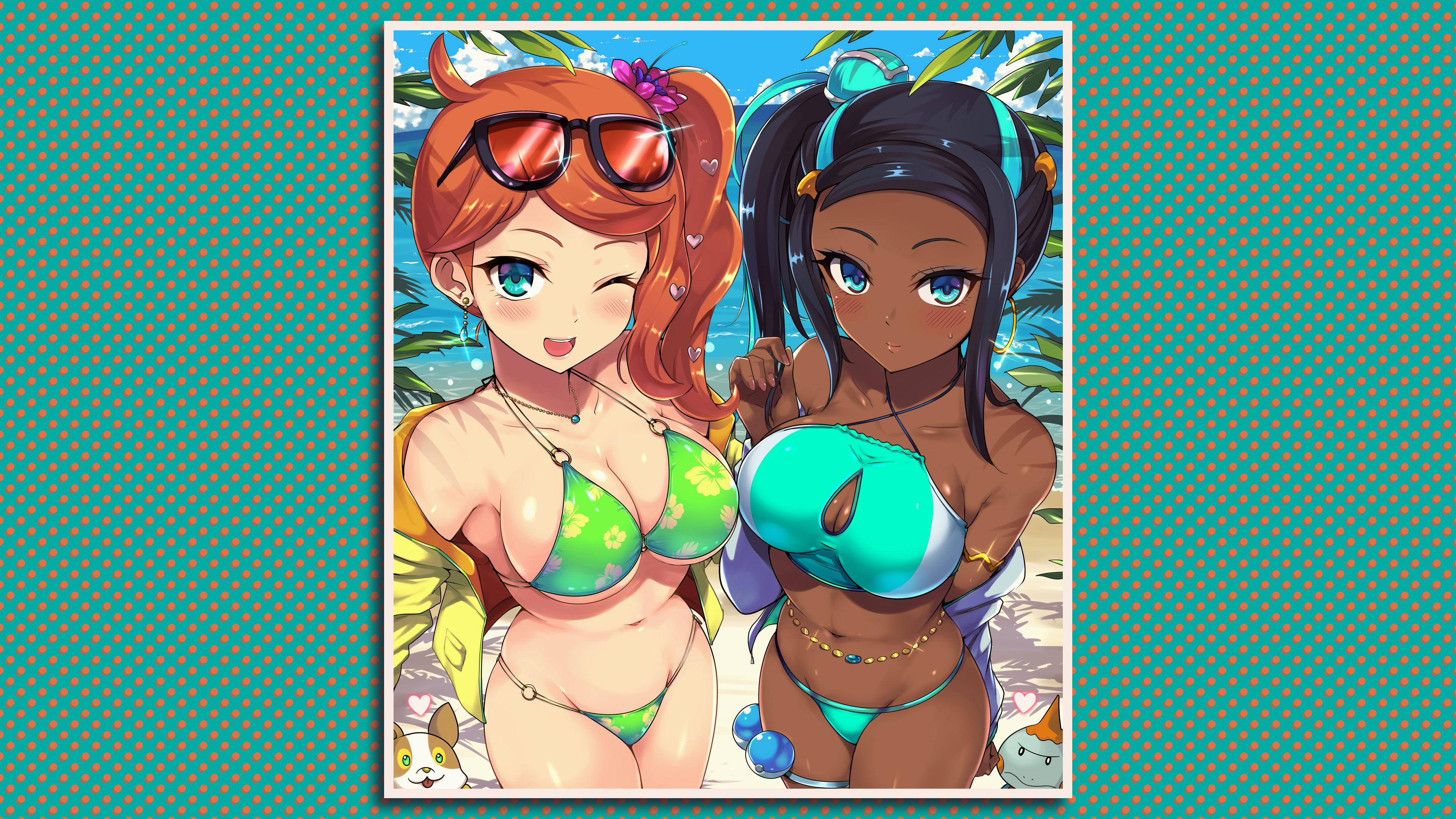 Anime 3840x2160 looking at viewer bikini Pokémon Sword & Shield Nessa (Pokémon Sword and Shield) Sonia (Pokémon Sword & Shield) glasses women with glasses green bikini blue bikini bikini bottoms bikini top ponytail Side ponytail blue eyes dark skin pale boobs belly belly chains belly button jewelry Nintendo wink cleavage bare shoulders jacket yellow jacket necklace blushing hair ornament flower in hair beach sunglasses dog O ring swimsuit swimwear sand water sea palm trees earring hoop earrings thighs thighs together redhead long hair bangs straps bra straps cleavage cutout undressing Poke Ball Pokémon big boobs one eye closed Kasai Shin open mouth edit simple background standing women on beach