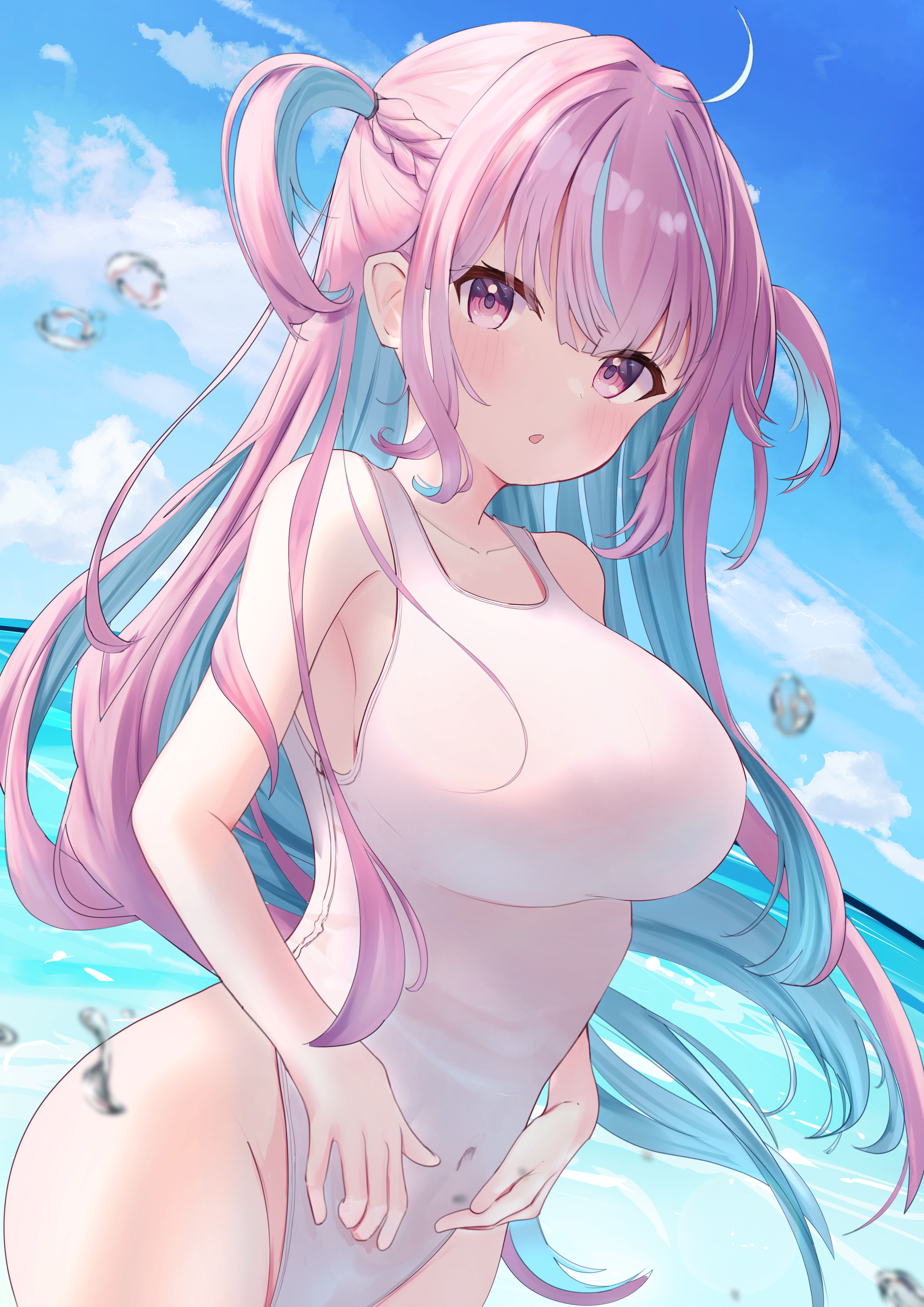 Anime 2894x4093 anime anime girls huge breasts long hair Kagura Nagi Hololive Virtual Youtuber clouds Minato Aqua water drops outdoors women outdoors collarbone bare shoulders braids looking at viewer open mouth pink eyes water one-piece swimsuit swimwear thighs two tone hair sunlight