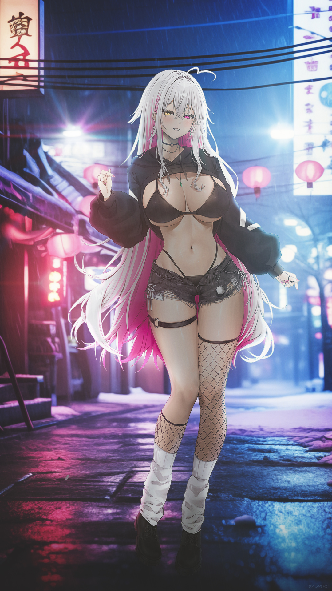 Anime 1080x1920 anime anime girls cyberpunk big boobs Japan city night bikini two tone hair Vitaminechan standing looking at viewer fishnet choker necklace heterochromia long hair hair between eyes smiling jean shorts short shorts socks white socks lantern sky lanterns signs ahoge rain blushing earring ear piercing torn clothes leg garter rings long nails