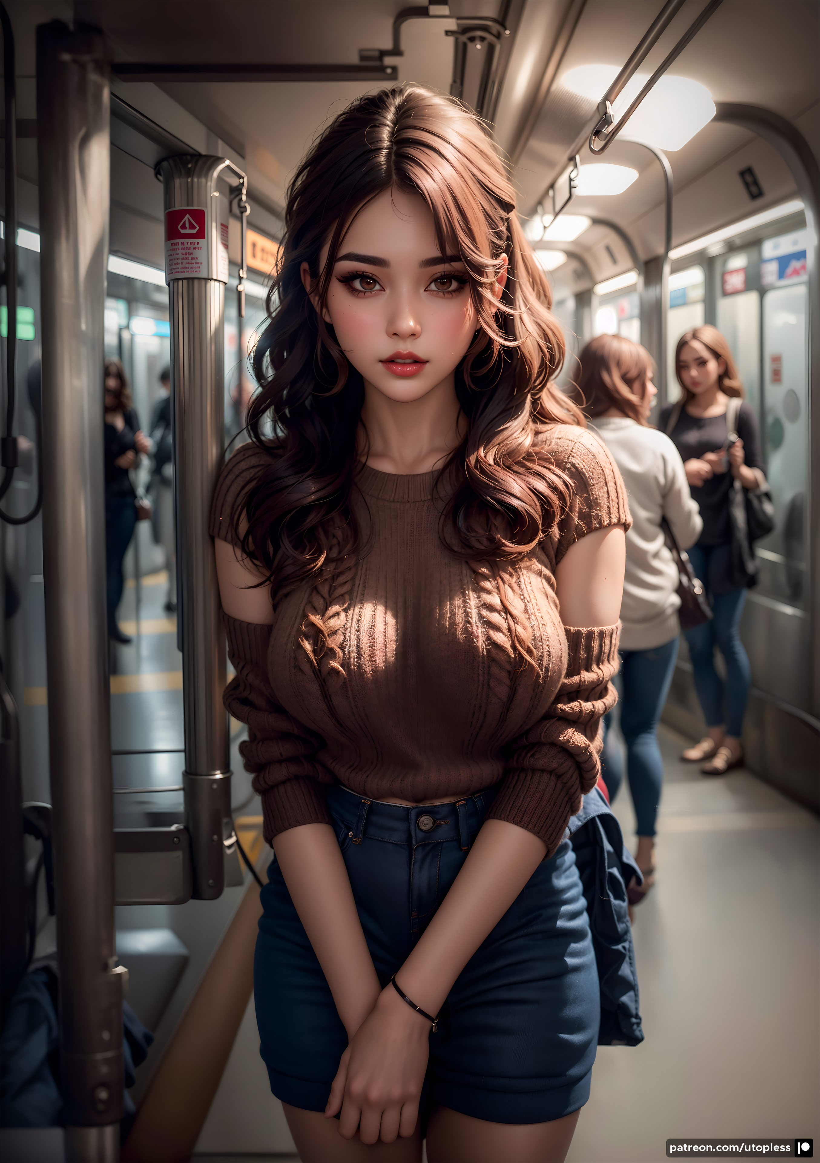 General 2709x3840 Utopless women AI art Stable Diffusion brunette sweater subway digital art portrait display train looking at viewer standing ceiling lights watermarked juicy lips long hair collarbone shorts brown eyes depth of field brown sweater lights