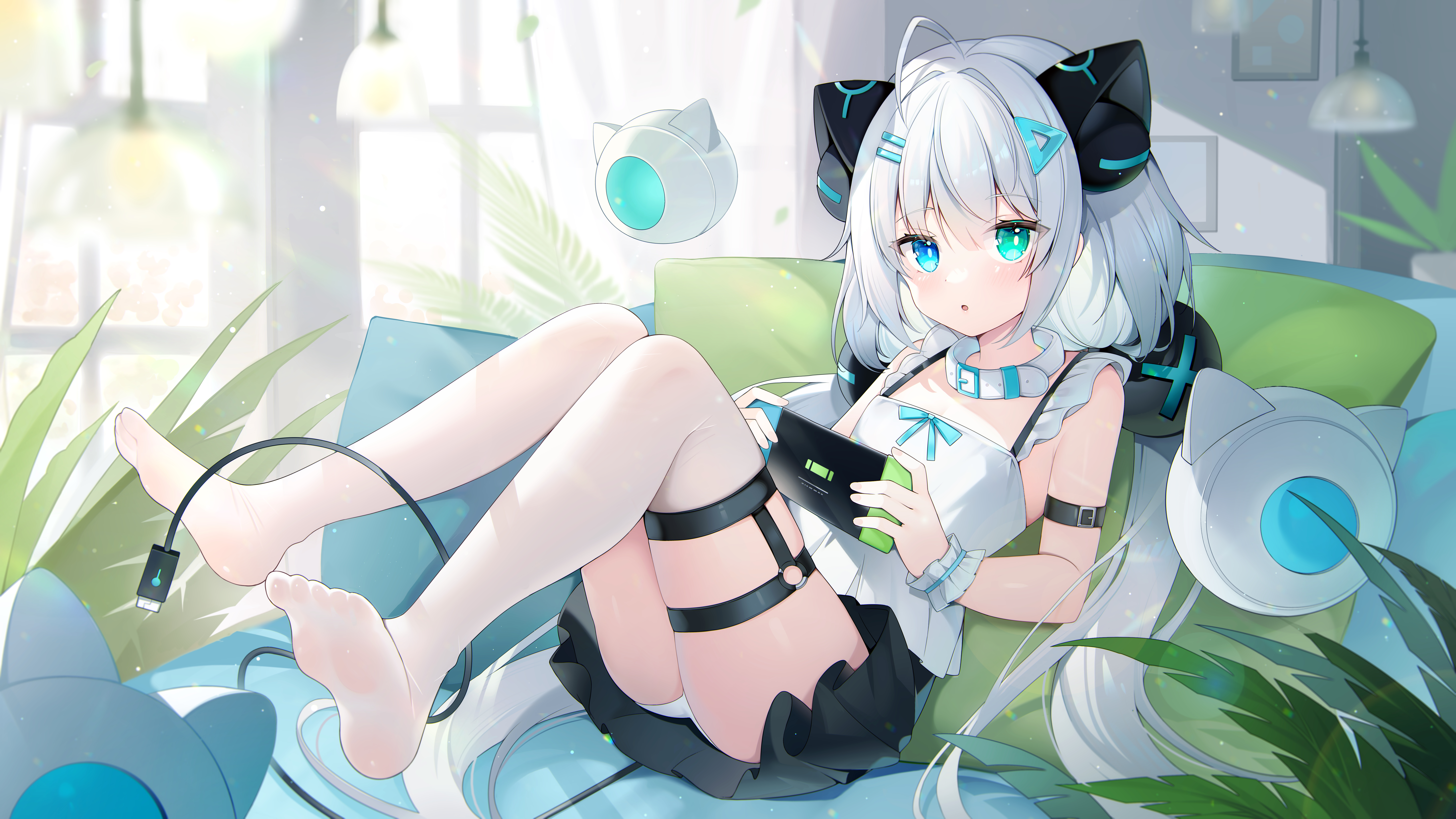 Anime 8000x4500 anime anime girls Ice (artist) Nintendo Switch indoors women indoors looking at viewer long hair hair between eyes leaves white hair hair ornament bare shoulders thigh-highs white thigh highs sunlight upskirt white panties panties foot sole collar frills ahoge wrist cuffs Skindentation consoles open mouth lying down lying on back skirt pillow robot heterochromia bent legs
