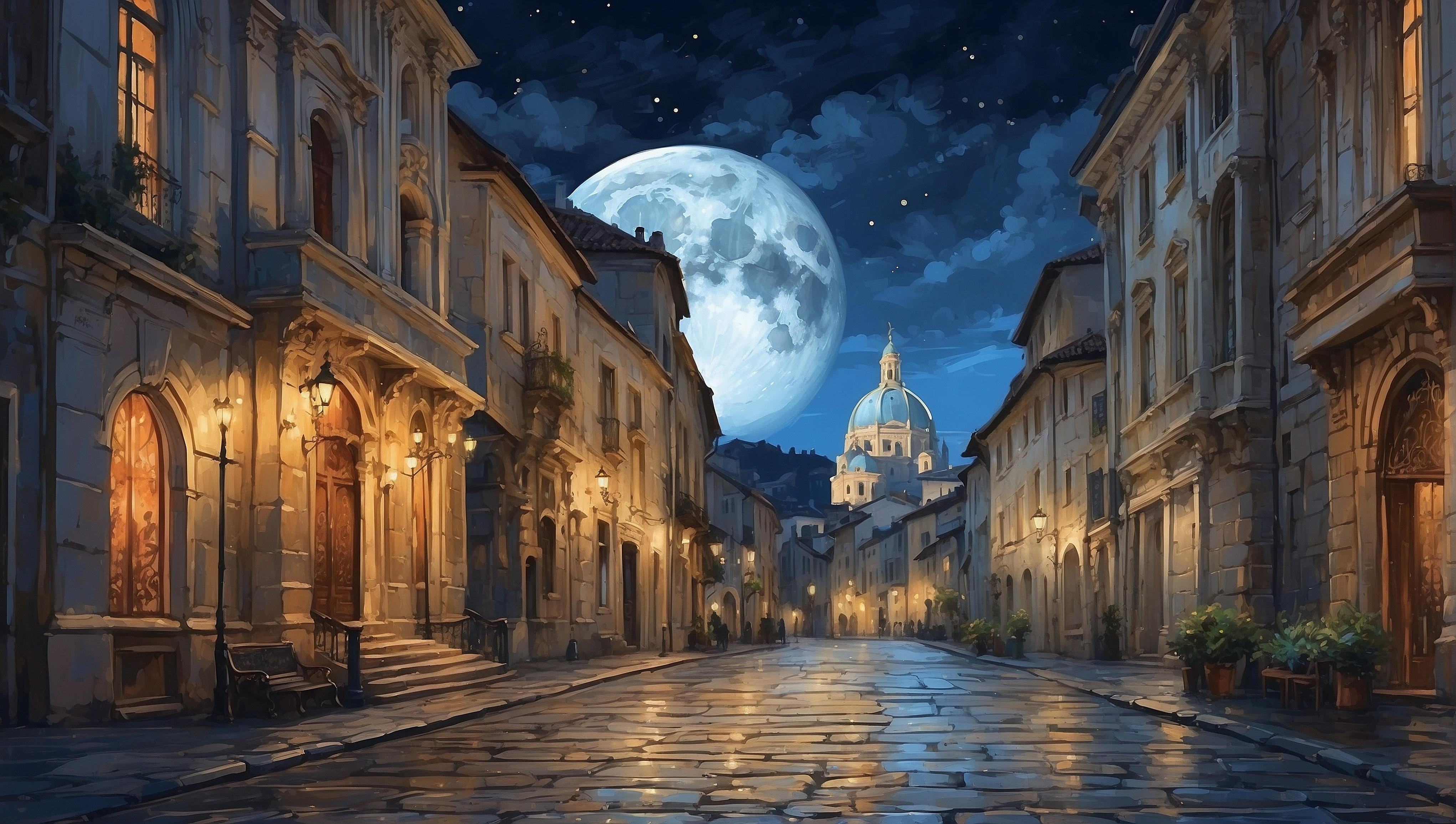 General 4084x2310 AI art digital art digital painting cityscape night Moon sky full moon moonlight stars building street