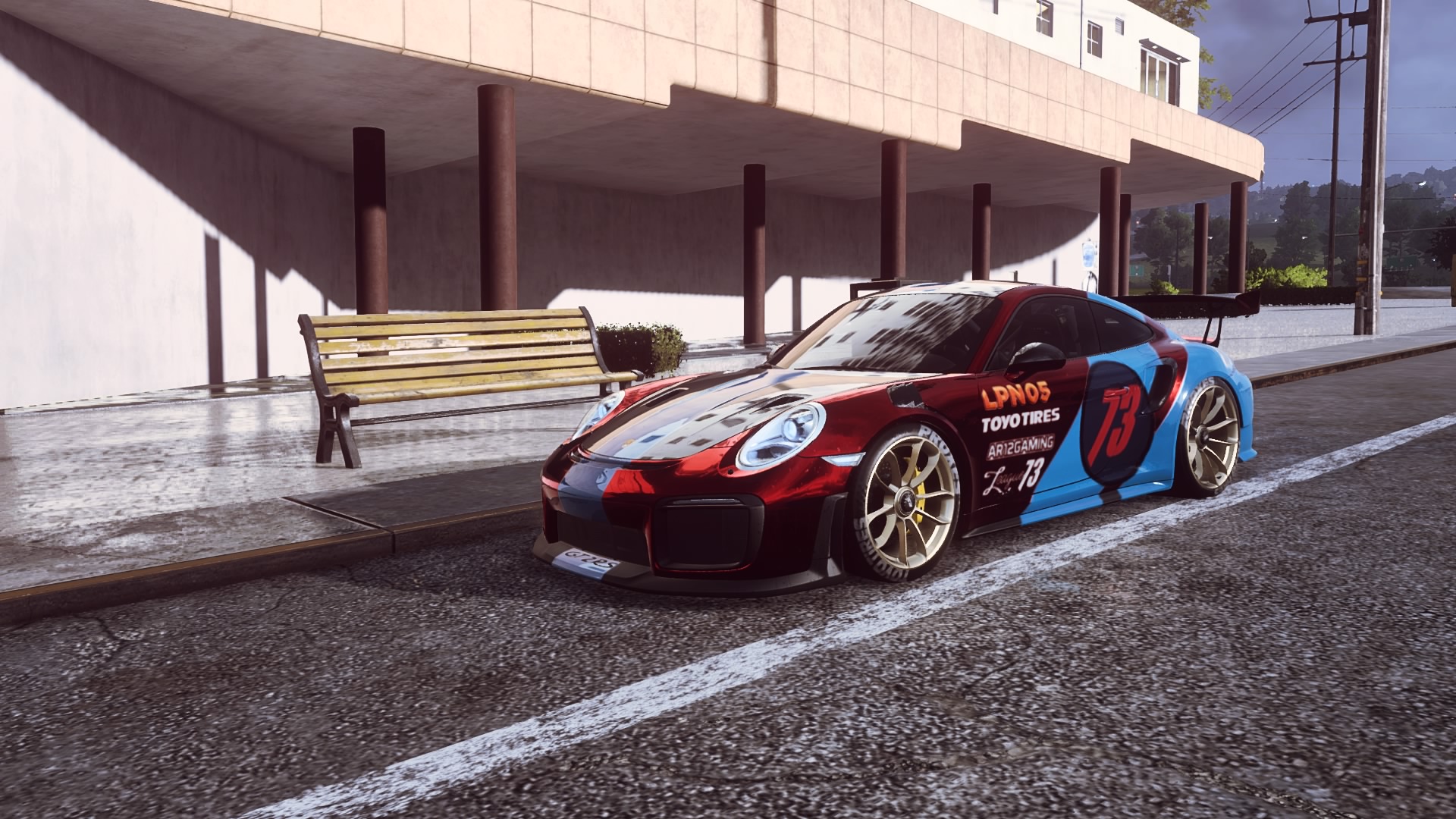 General 1920x1080 car Need for Speed: Heat bench gold wheels PlayStation 4 vehicle frontal view video games video game art screen shot building road sky power lines wheels headlights porsche gt2 rs
