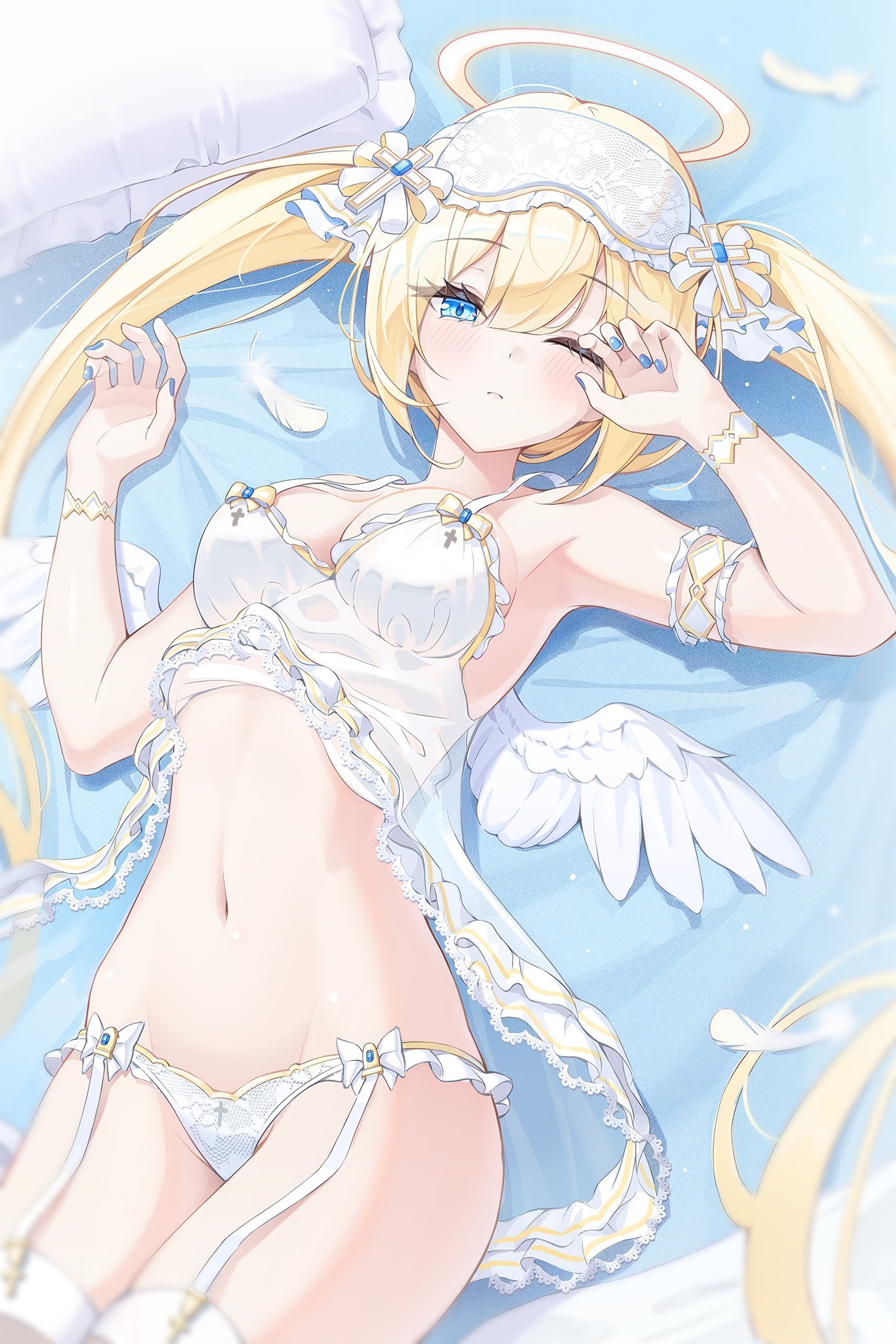 Anime 1400x2100 anime anime girls one eye closed wings portrait display long hair lying down lying on back hair between eyes blonde slim body looking at viewer closed mouth blushing angel wings feathers blue eyes armpits KIRA (artist) white lingerie lingerie painted nails blue nails garter straps skinny sleep mask hair ornament frills