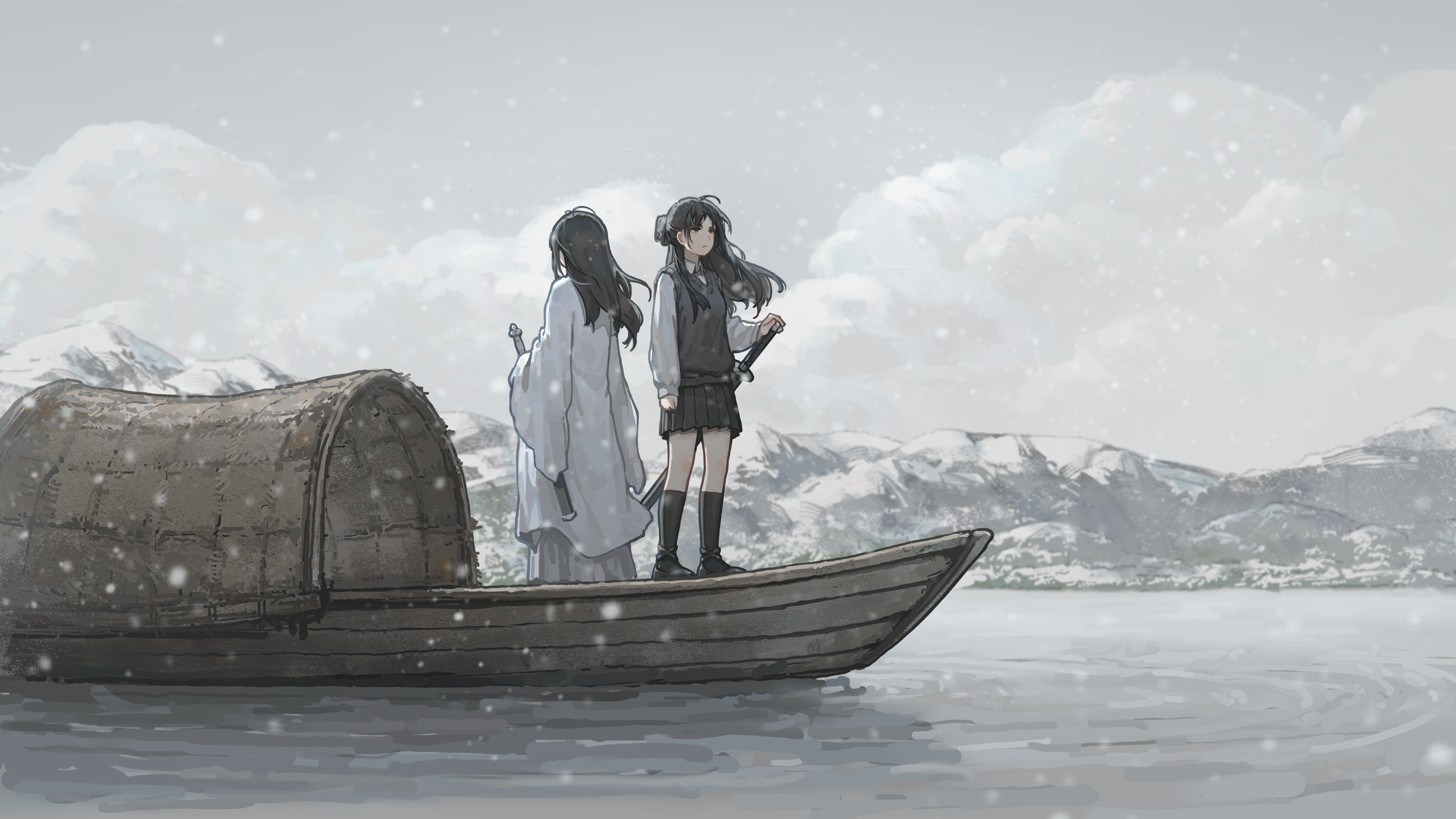 Anime 5253x2955 anime anime girls lake boat snowing illustration ancient Hua Ming wink water outdoors women outdoors snow clouds sky hair blowing in the wind wind standing skirt schoolgirl school uniform long sleeves sword frills long hair