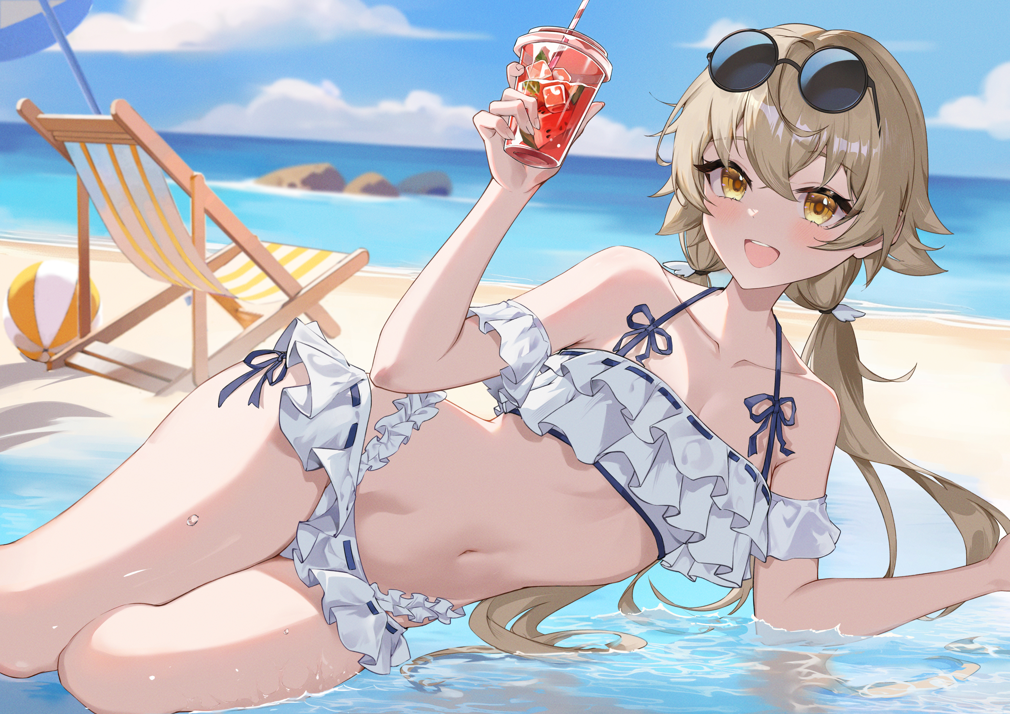 Anime 3508x2480 anime anime girls Hifumi (Blue Archive) Blue Archive drink beach women on beach outdoors women outdoors Han61_arkin long hair hair between eyes blonde yellow eyes drinking straw ice cubes sunlight sky water frills bikini wet body wet collarbone blushing open mouth sunglasses twintails clouds lying down lying on side skinny slim body