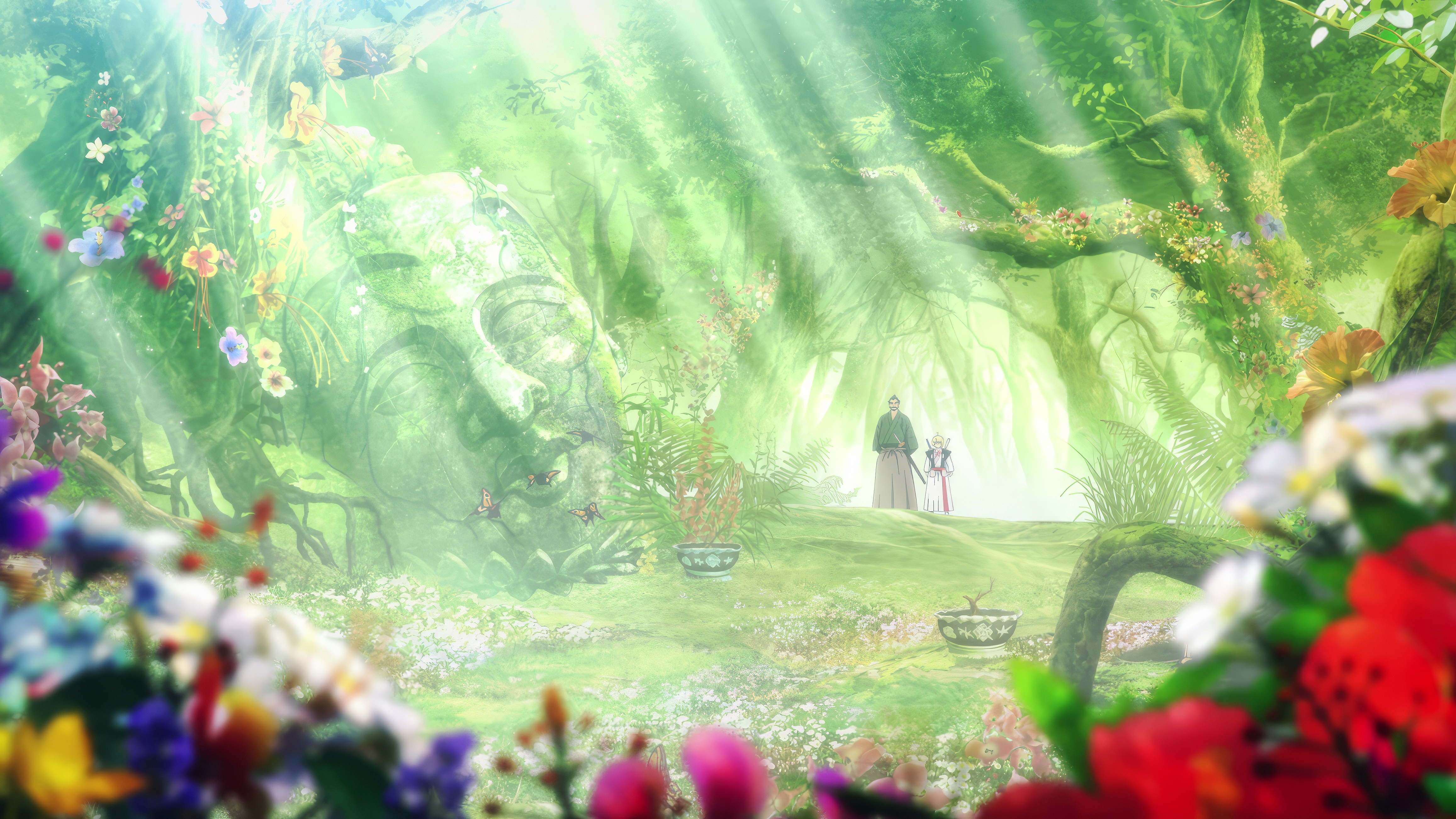 Anime 4627x2603 4K anime Hell's Paradise: Jigokuraku Anime screenshot trees anime boys sunlight kimono leaves standing flowers nature katana sword